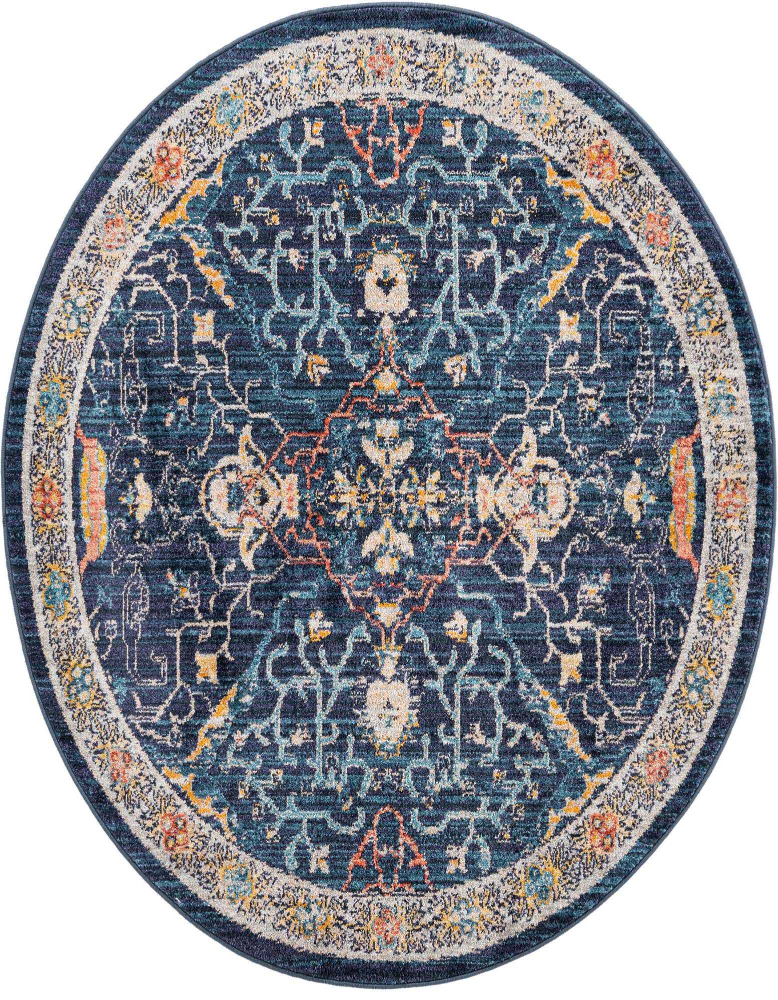 A 5' 2 round Lola rug featuring a distressed traditional tribal pattern in shades of navy blue, light blue, orange, and cream.