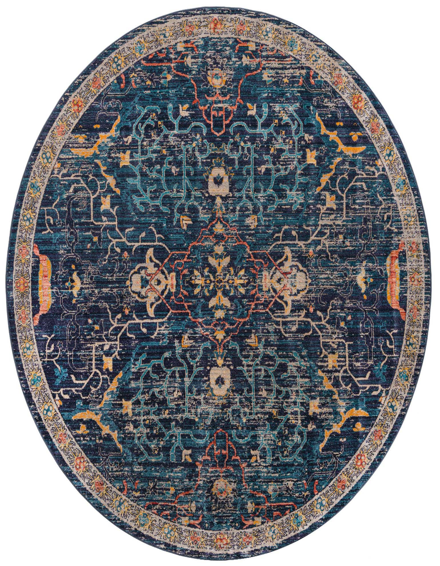 A 7' 10 round Lola rug by Rugs.com, featuring a distressed traditional and tribal pattern in shades of navy blue, teal, orange, and cream.