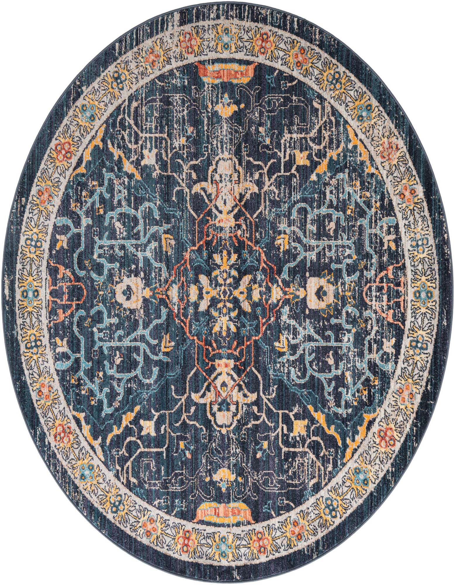 A 6' round navy blue area rug with a distressed traditional pattern featuring orange, yellow, and light blue accents.