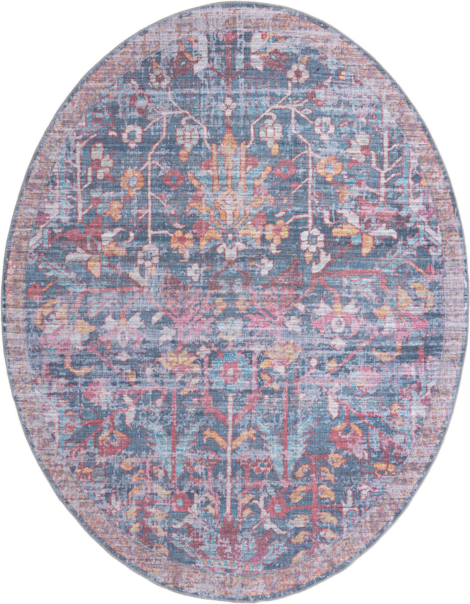 A 10' 6 round Maahru rug featuring a distressed traditional floral pattern in shades of blue, red, and gold.