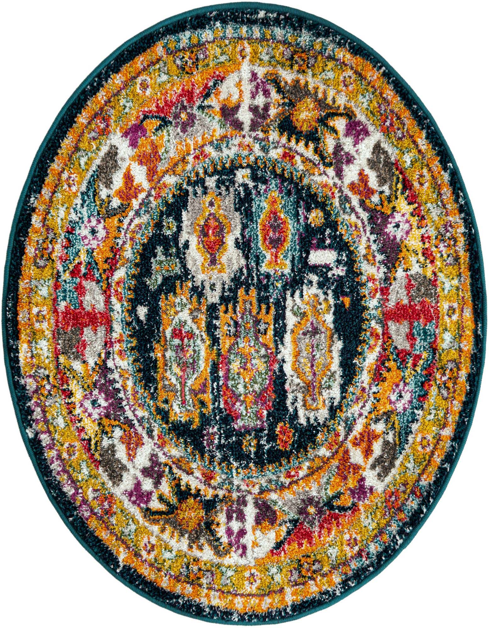A vibrant round rug with a dark blue center and an intricate medallion pattern in shades of orange, red, yellow, and purple, suitable for an indoor space.