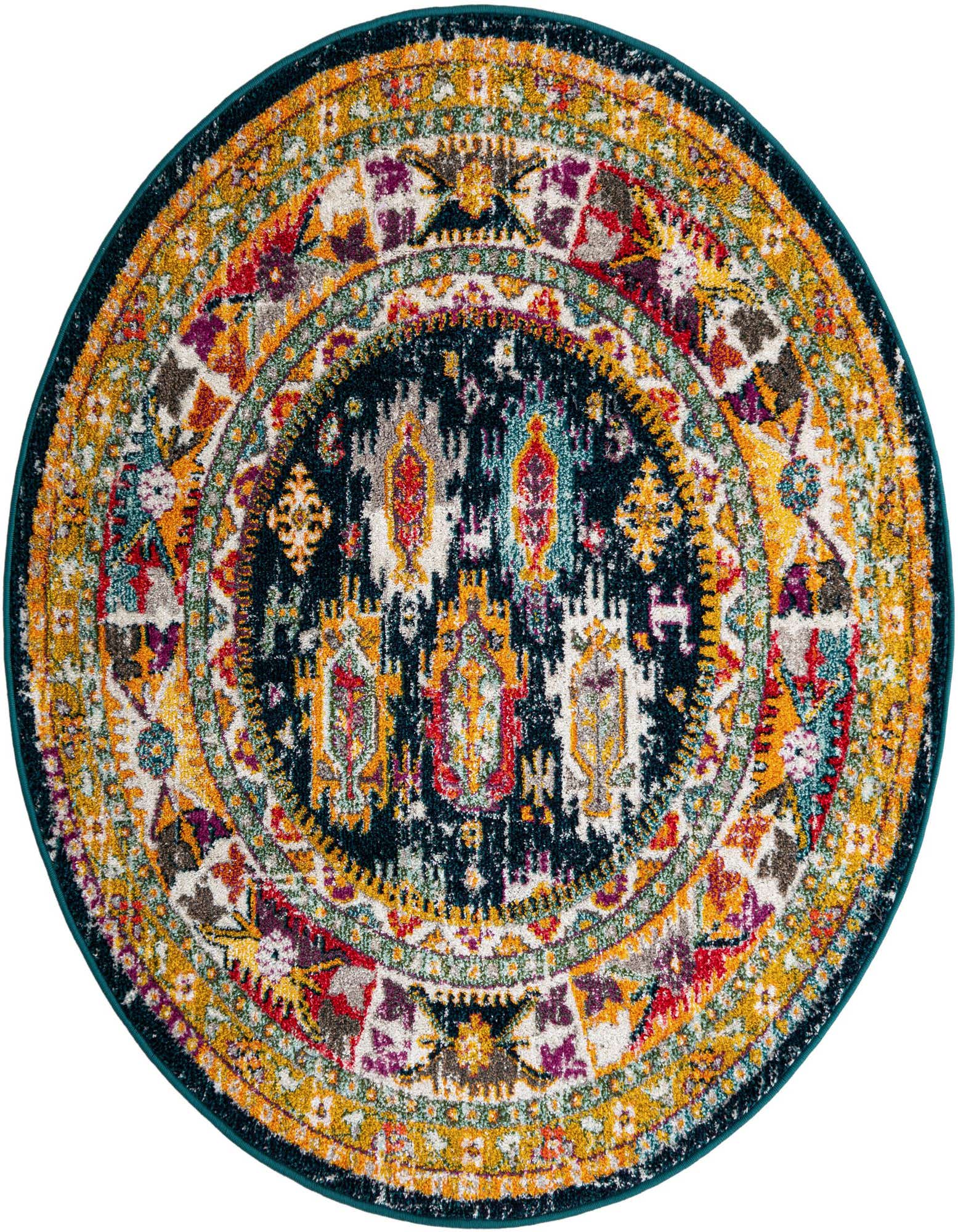 A 5' 3 round Madeline rug from Rugs.com with a vibrant, distressed medallion pattern in blues, yellows, reds, and purples.