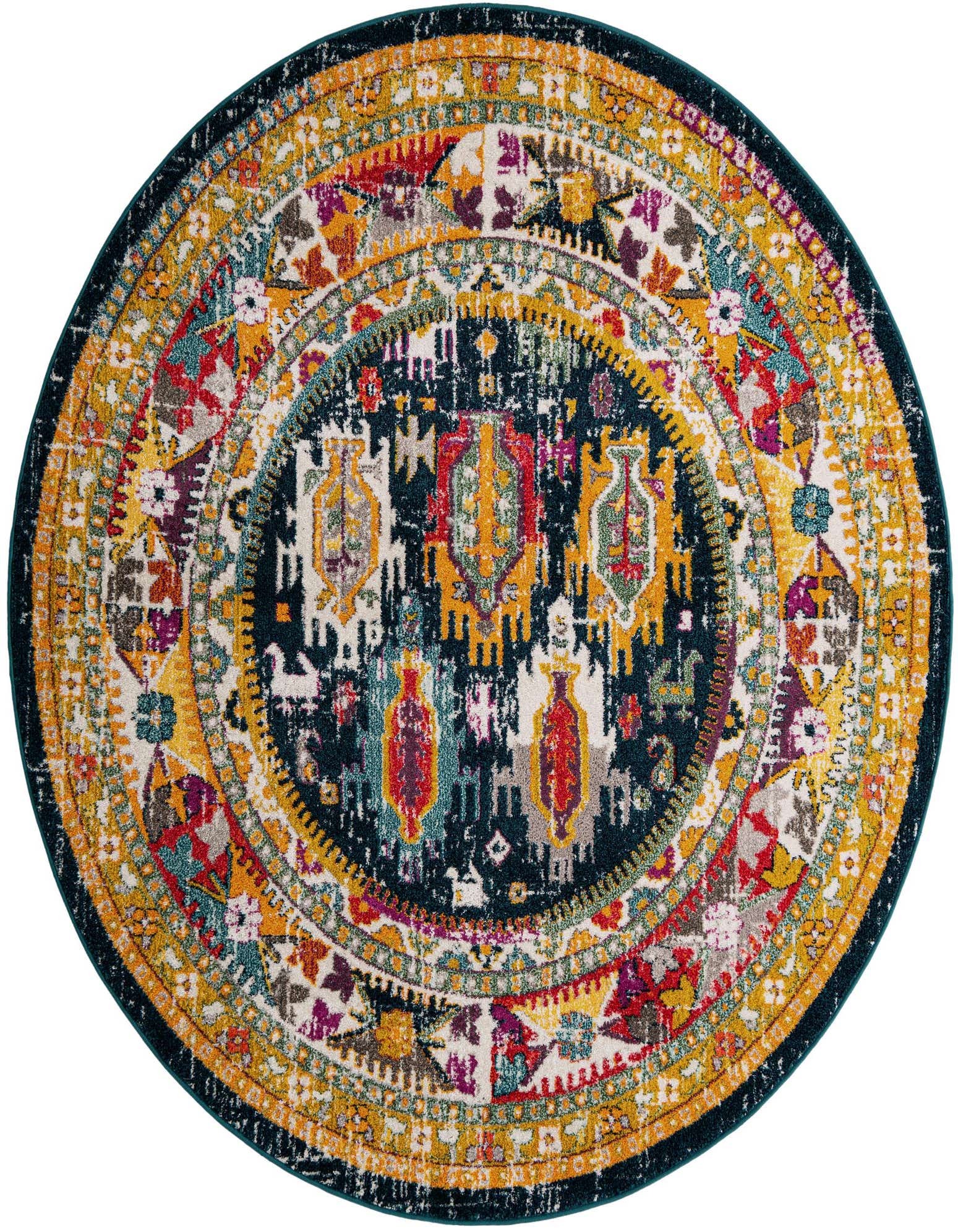 A vibrant 7' 10 round rug with a distressed bohemian pattern in blues, yellows, reds, and purples, featuring a central medallion.