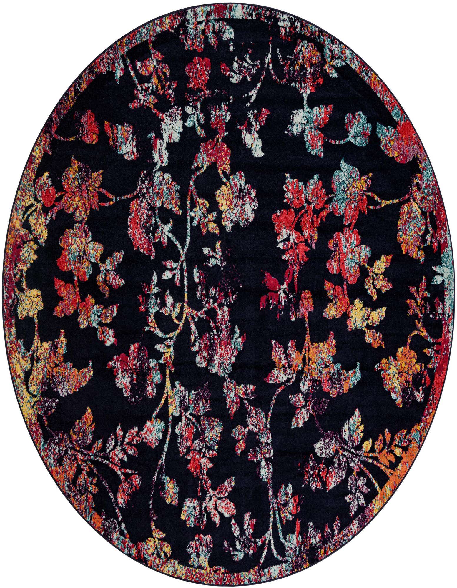 A 10' round navy blue rug with a distressed floral pattern in red, orange, yellow, and light blue, suitable for a living room or patio.