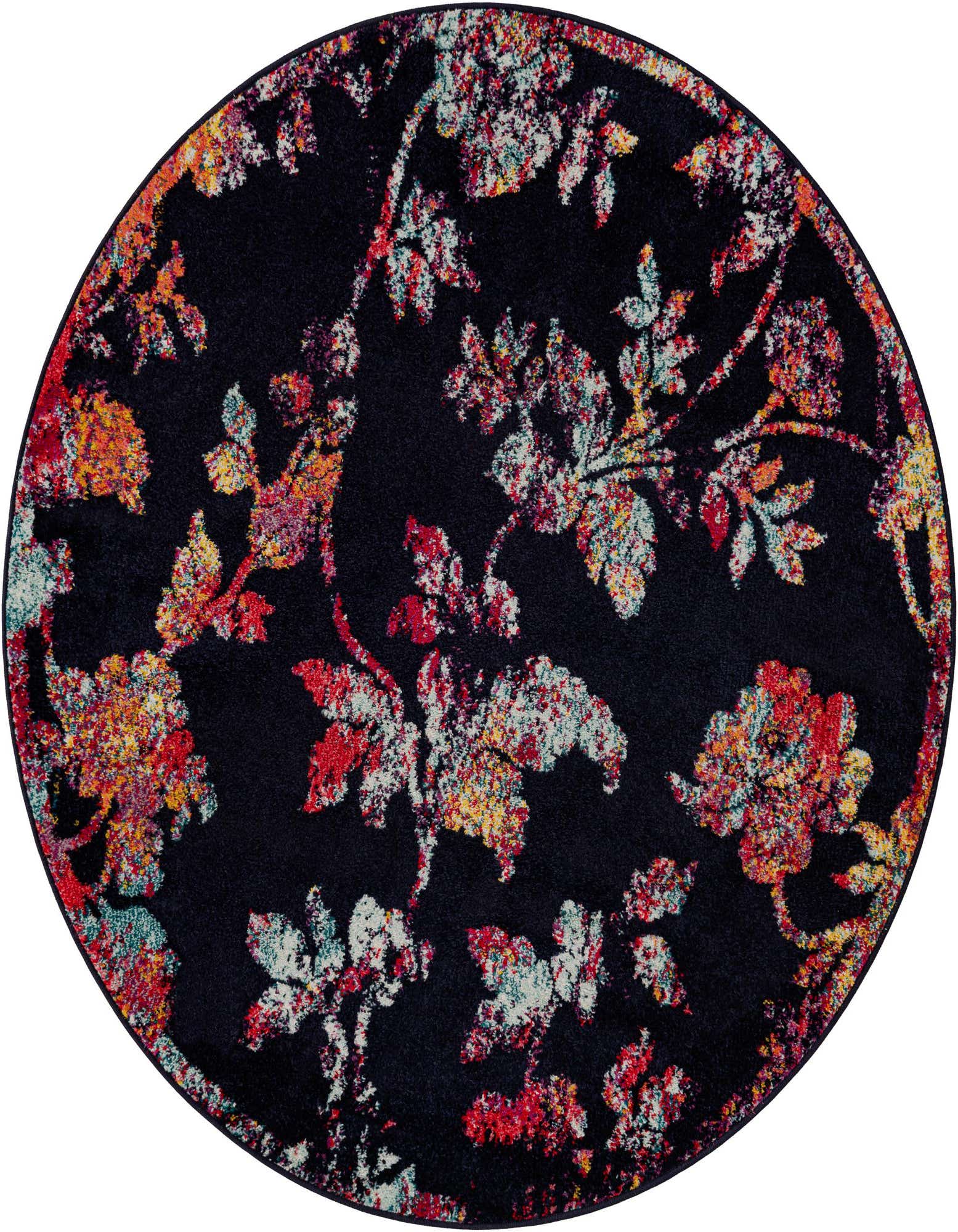 A 5' 3 round navy blue rug with a vibrant, distressed floral pattern in shades of red, orange, and light blue.