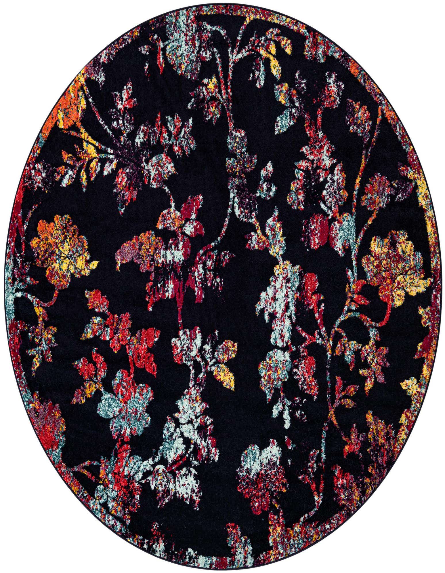 A round navy blue rug featuring a distressed floral pattern in shades of red, orange, yellow, and light blue.