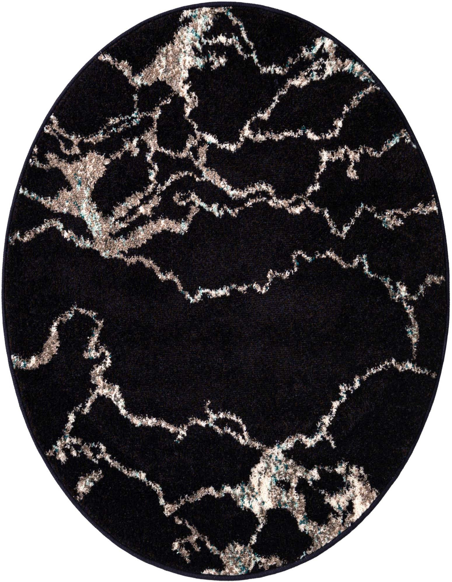 A 3' round navy blue rug with an abstract, light blue and beige marble-like pattern, suitable for indoor spaces.
