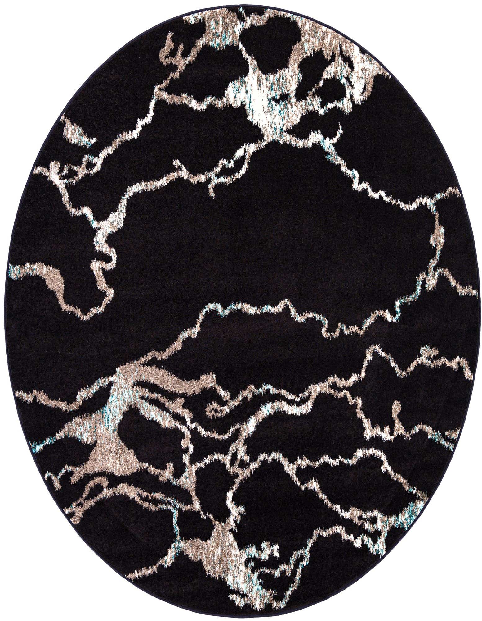 A round 7' 10 x 7' 10 Rugs.com Madeline rug featuring a modern abstract pattern of light blue and beige lines on a navy blue background.