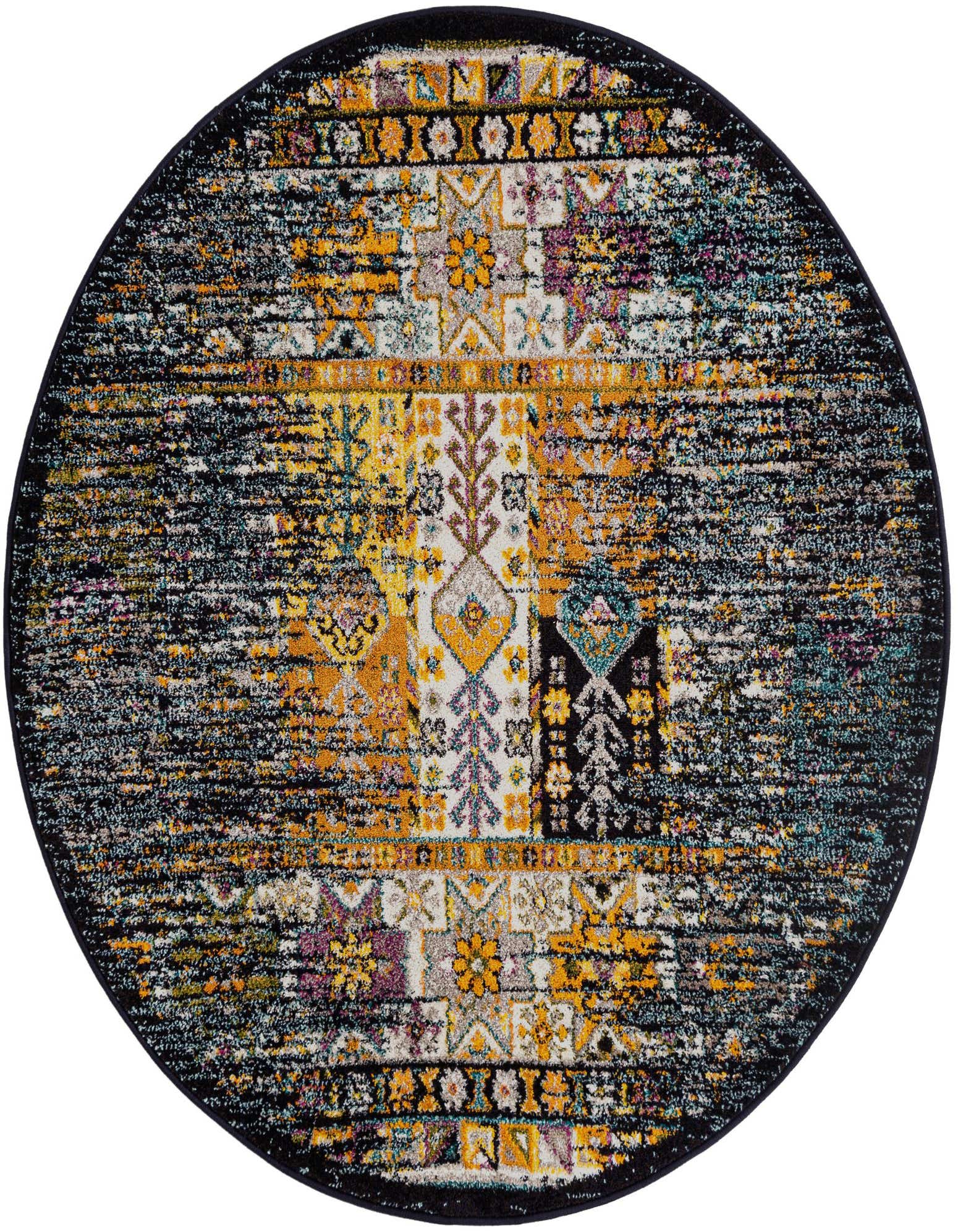 A round 5' 3 x 5' 3 Madeline rug featuring a distressed bohemian pattern in blues, yellows, and purples on a dark background.