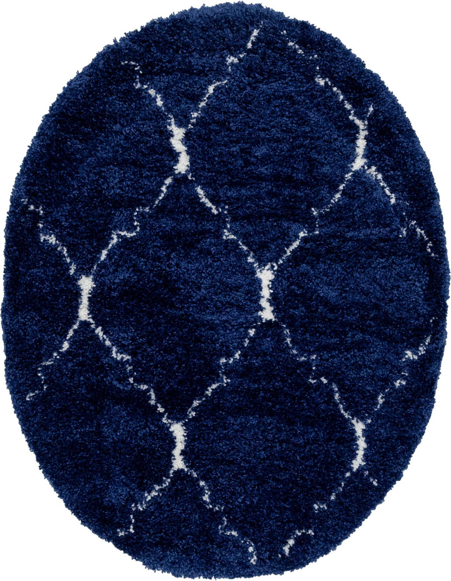 A plush, round 5' navy blue shag rug with a white minimalist trellis pattern, perfect for adding comfort to any indoor space.