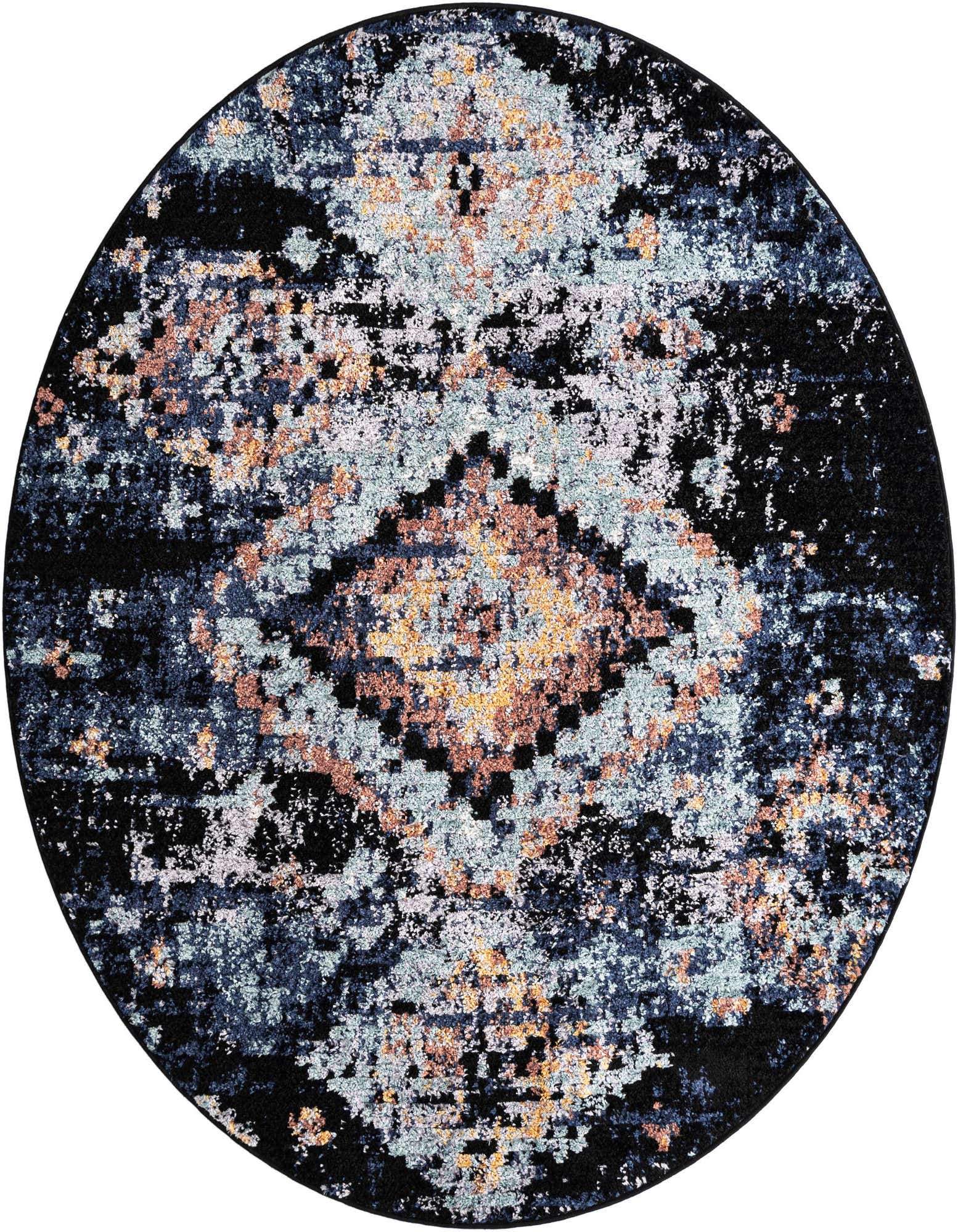 A round 7' 0 x 7' 0 navy blue Bohemian rug with a distressed medallion pattern in light blues, oranges, and pinks.