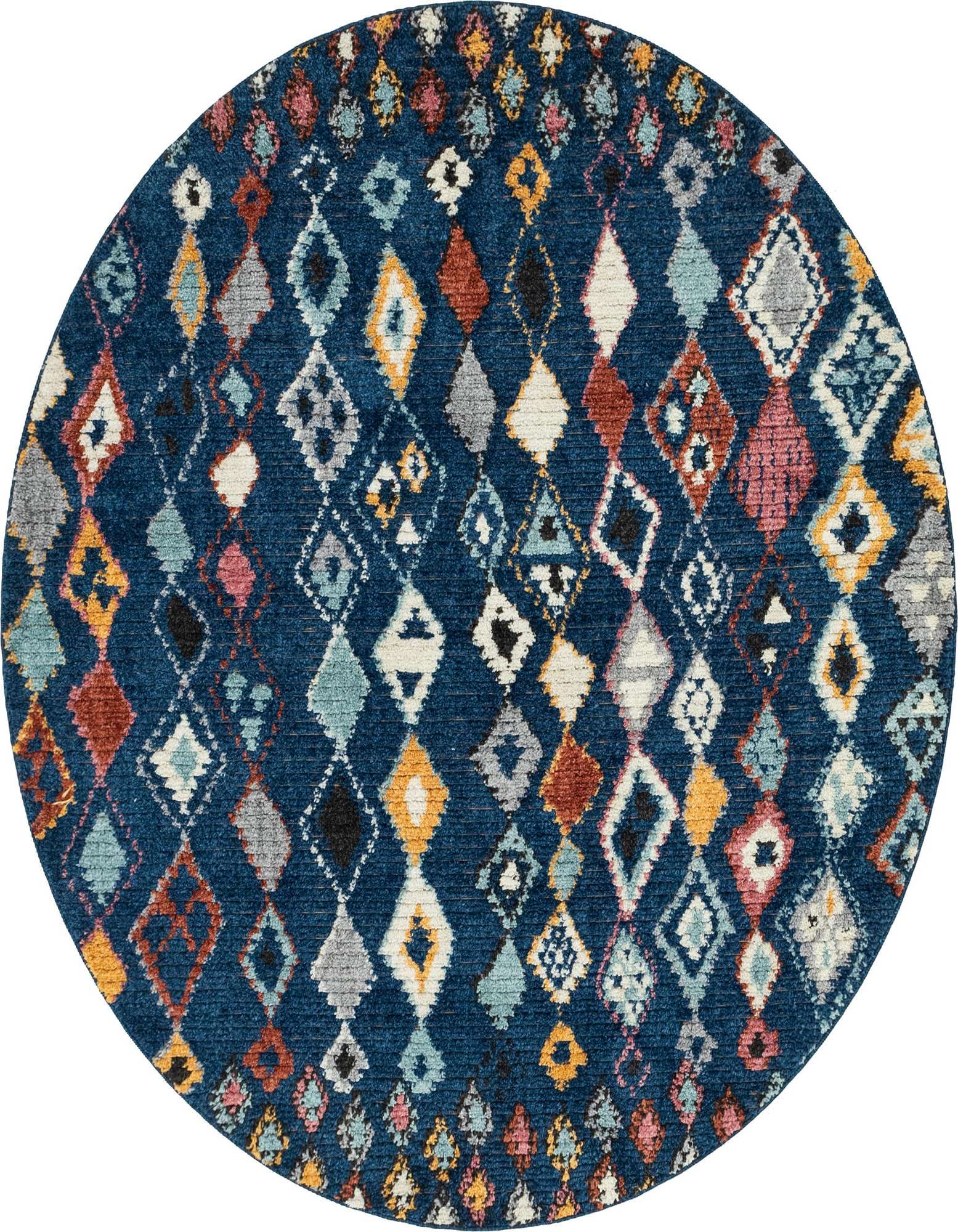 A round navy blue shag rug with a bohemian tribal pattern of colorful diamonds in rust, gold, light blue, pink, and gray.