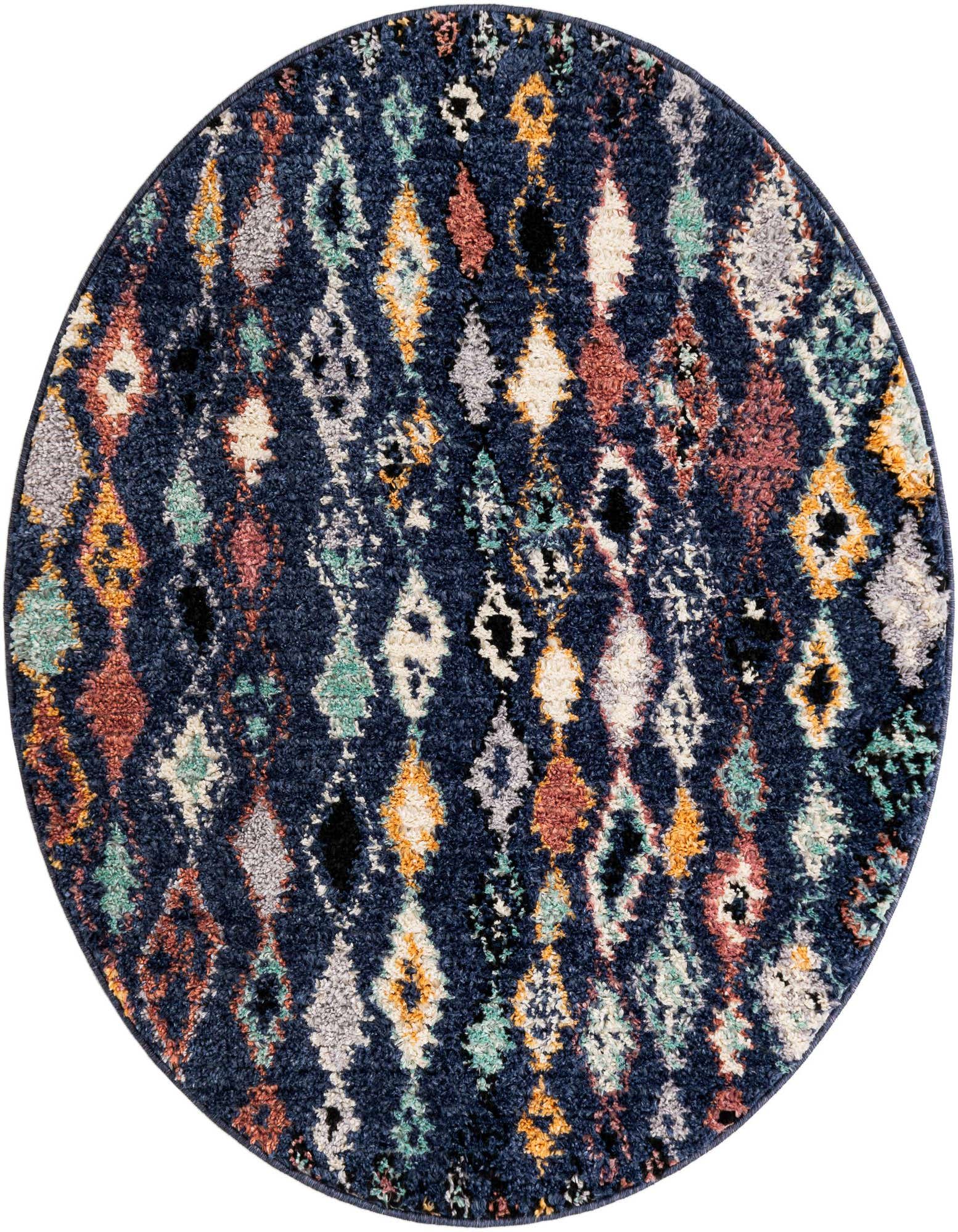 A 4' round navy blue shag rug with a distressed Bohemian tribal pattern in various colors like orange, teal, cream, and gray.