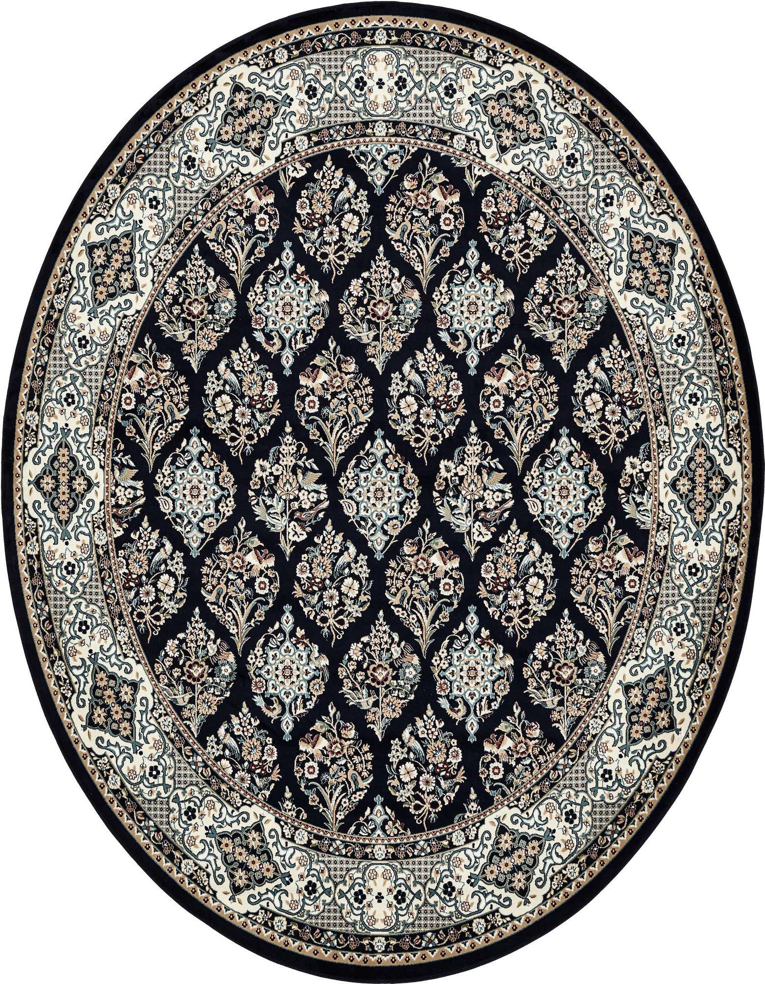 A 10-foot round navy blue traditional rug featuring an intricate botanical and trellis pattern with cream, beige, and light blue accents.