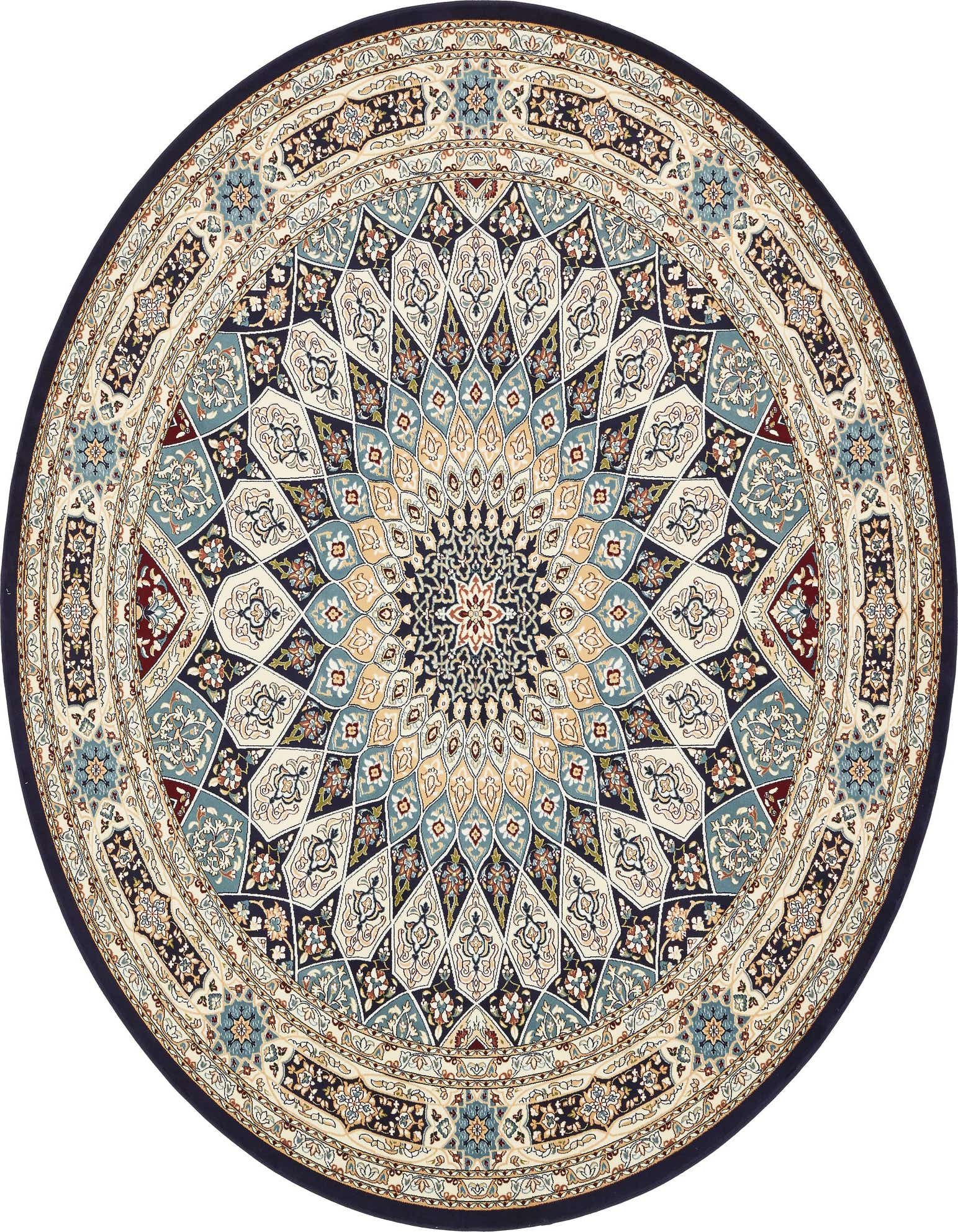 A 10-foot round traditional rug featuring an intricate central medallion in blues, creams, and gold, with botanical patterns and a dark navy border.