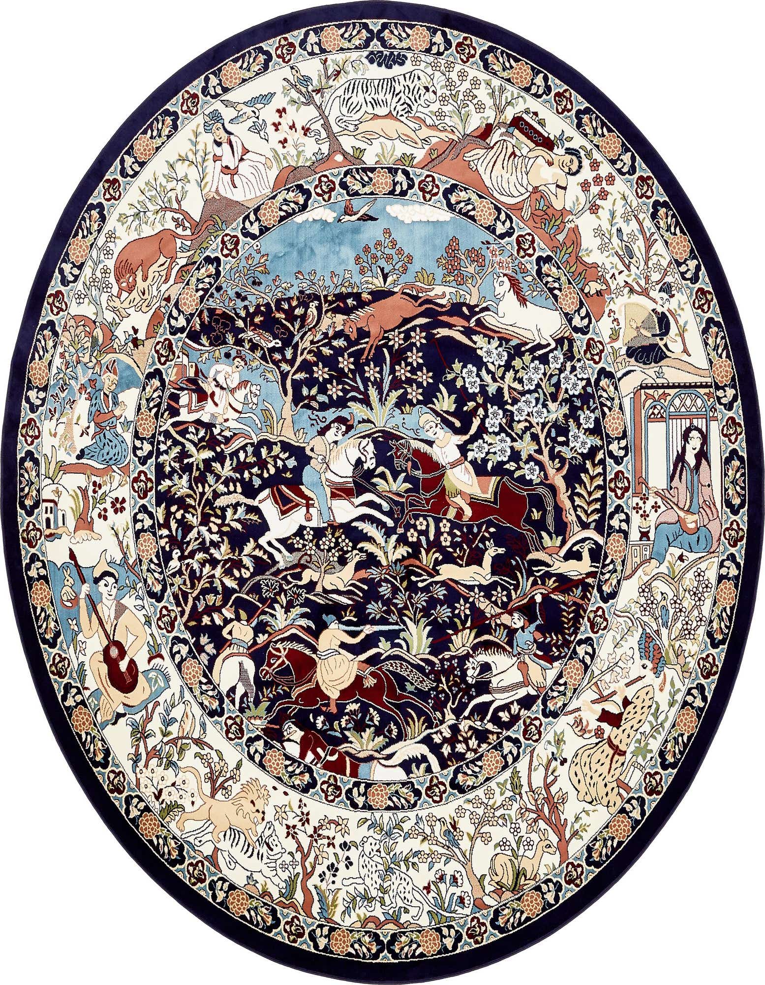 A 10-foot round traditional rug featuring a detailed botanical and hunting scene in blues, black, and cream.