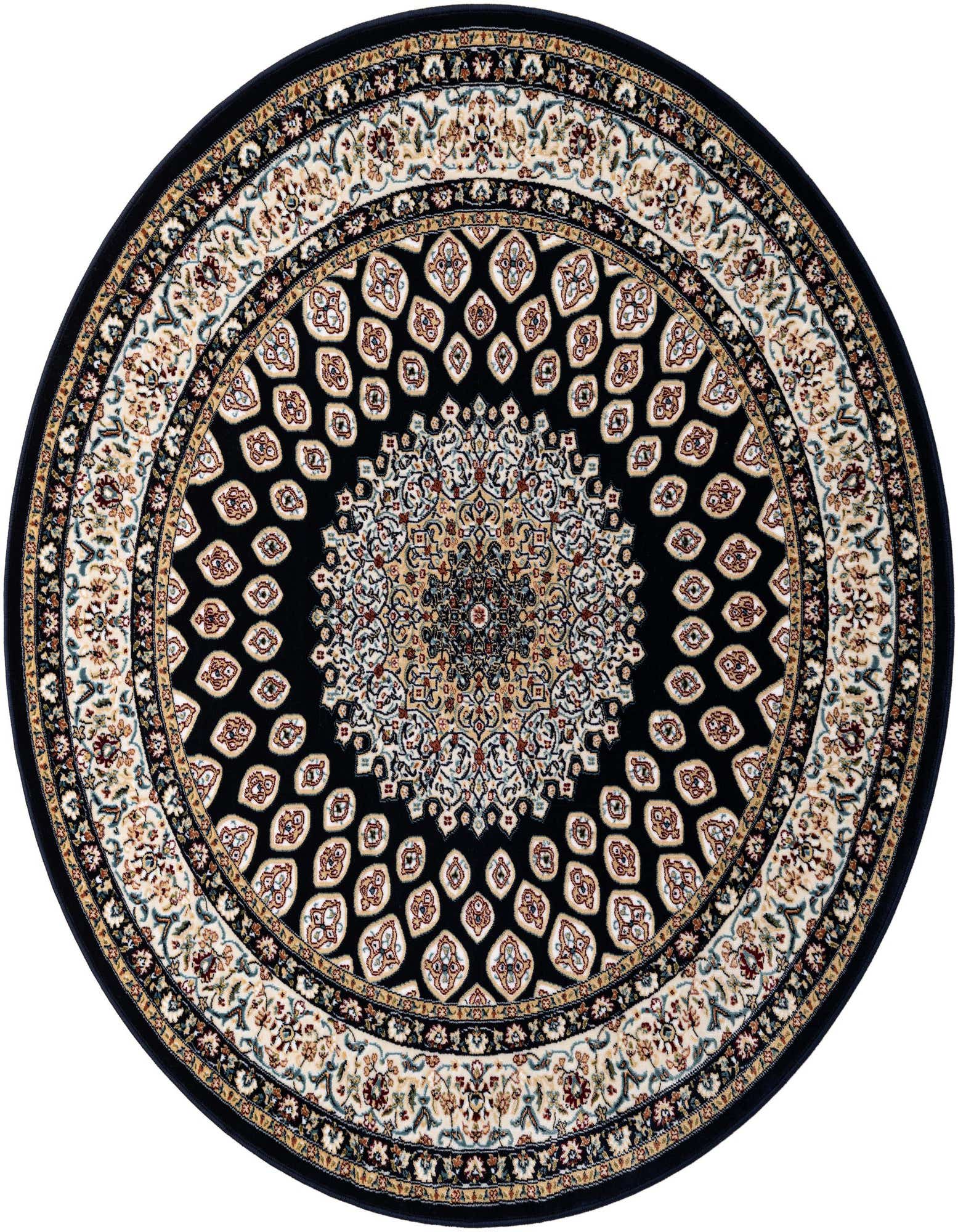 A 5' 3 round traditional rug featuring a central medallion and botanical patterns in navy blue, cream, and gold.