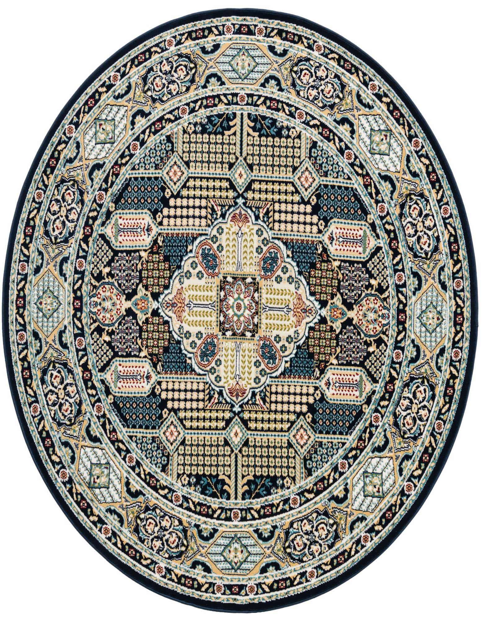 A 5' round navy blue rug with a traditional botanical medallion pattern in cream, light blue, and hints of red.