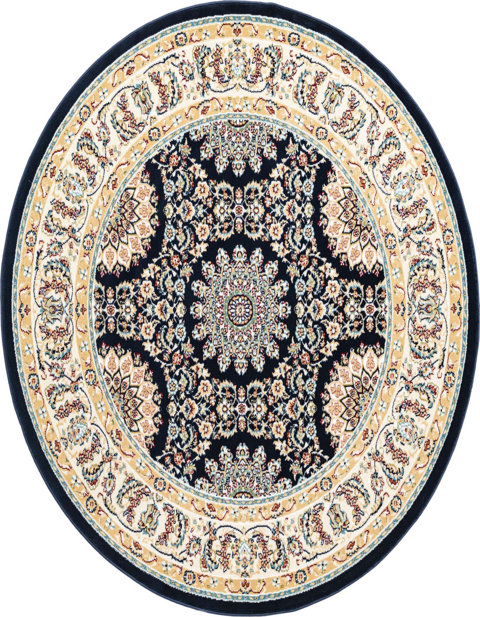 A 5' round navy blue traditional rug with a detailed botanical and floral medallion pattern in cream, gold, and light blue.