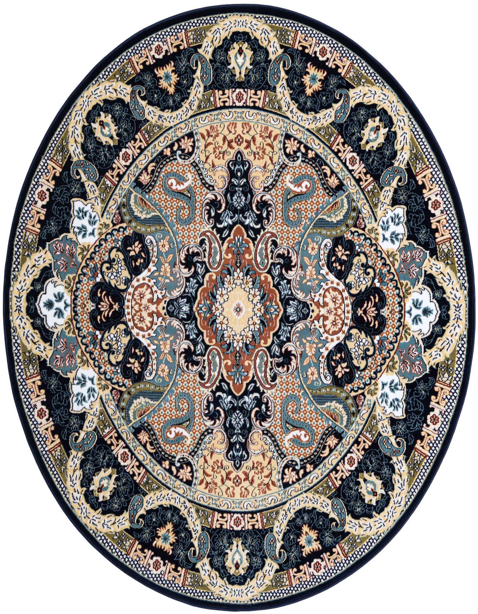 A 6' 1 x 6' 1 round rug featuring a complex traditional medallion pattern in shades of navy blue, gold, and teal.