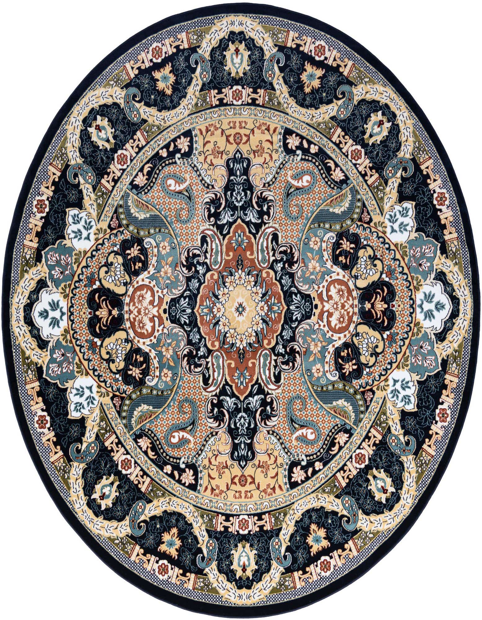 A round rug featuring an intricate traditional Persian-inspired pattern in shades of navy blue, gold, and rust, with a thin pile.