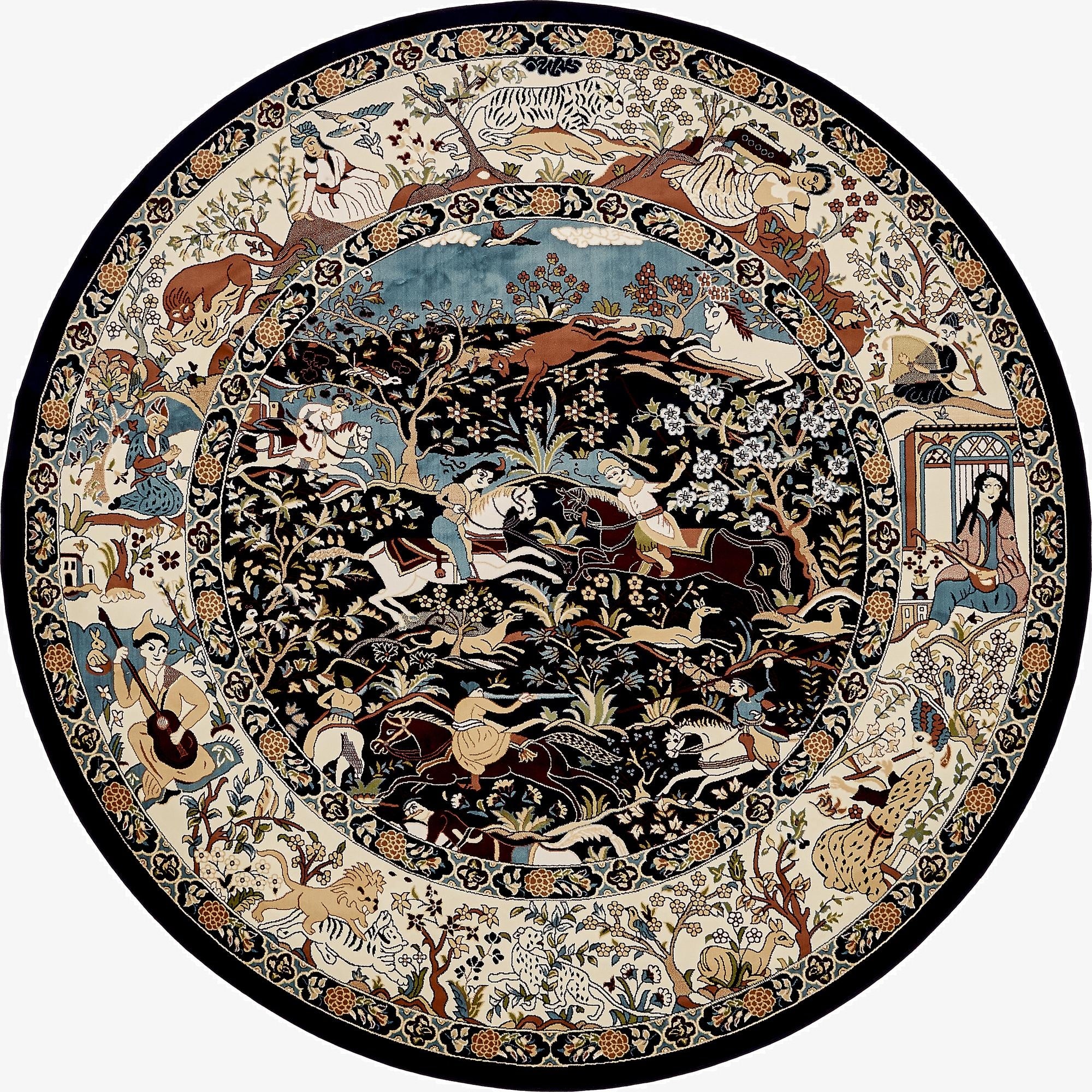 A 10-foot round traditional rug featuring a detailed botanical and hunting scene in blues, black, and cream.