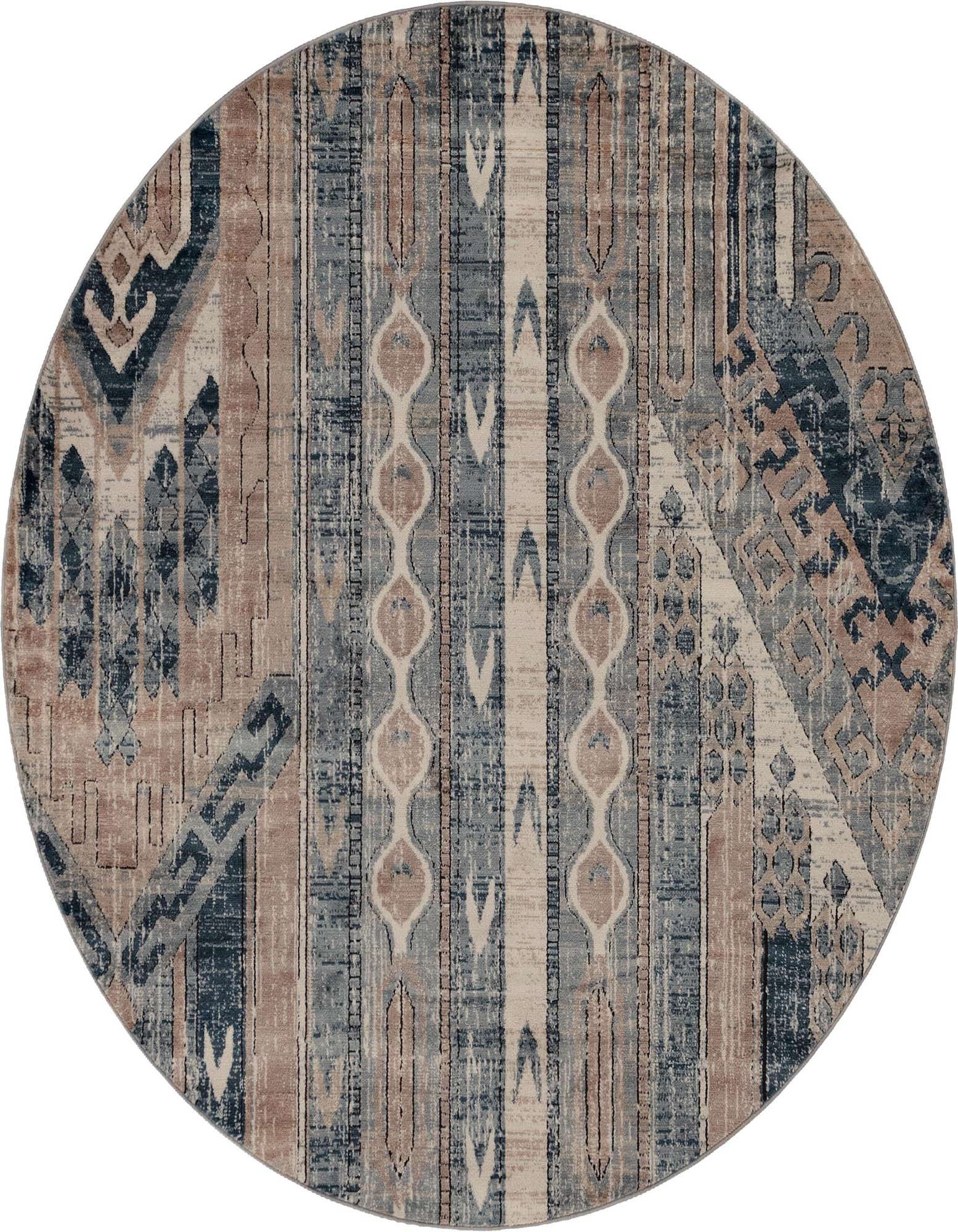 A 7' 0 x 7' 0 round Oregon collection rug featuring a distressed bohemian and tribal pattern in shades of blue, beige, and brown.