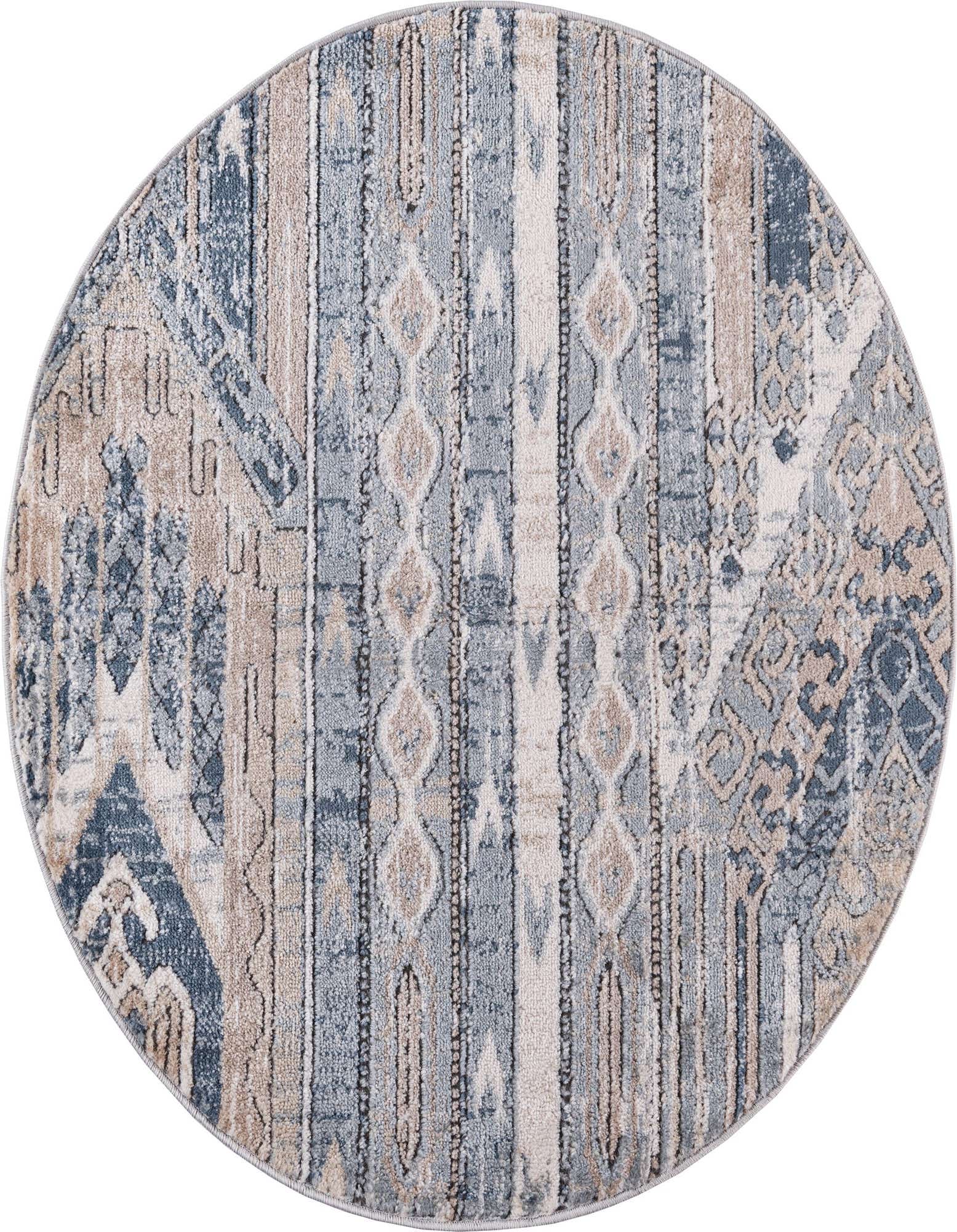 A 3' 0 x 3' 0 round area rug featuring a distressed bohemian pattern in shades of blue, beige, and cream.