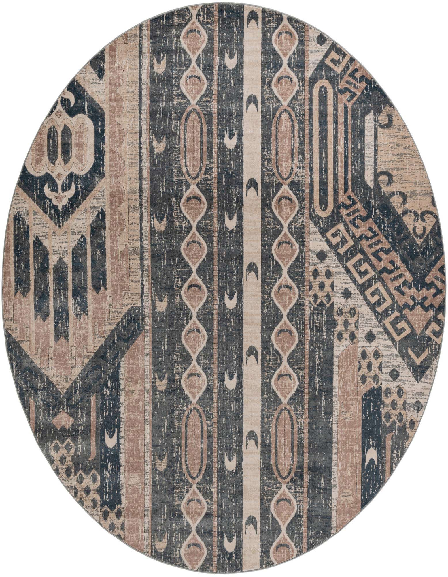 A large round rug with a distressed blue and beige abstract geometric pattern, suitable for a living room or patio.