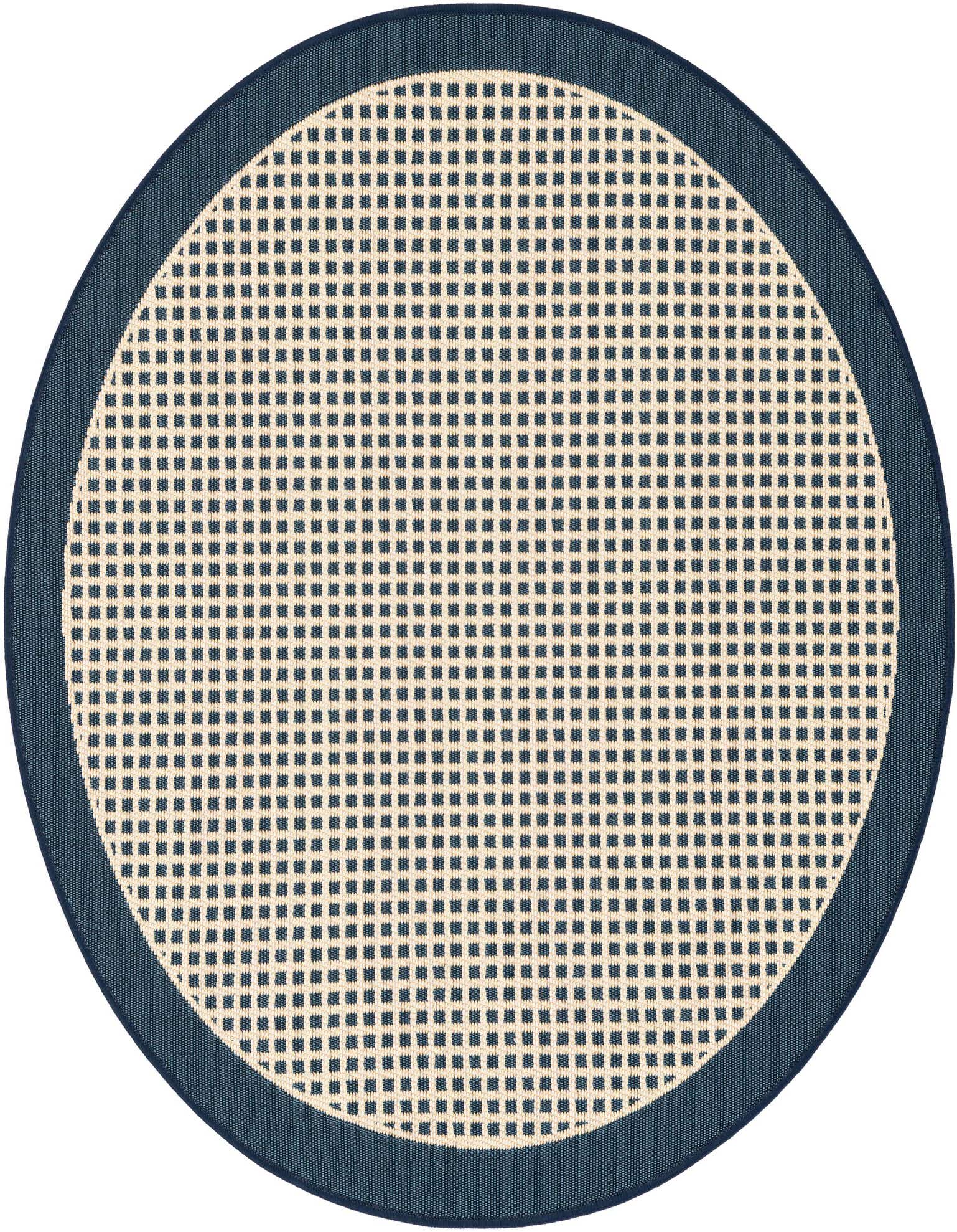 A 3' round navy blue and cream modern flatweave rug with a grid pattern and solid border, suitable for indoor or outdoor use.