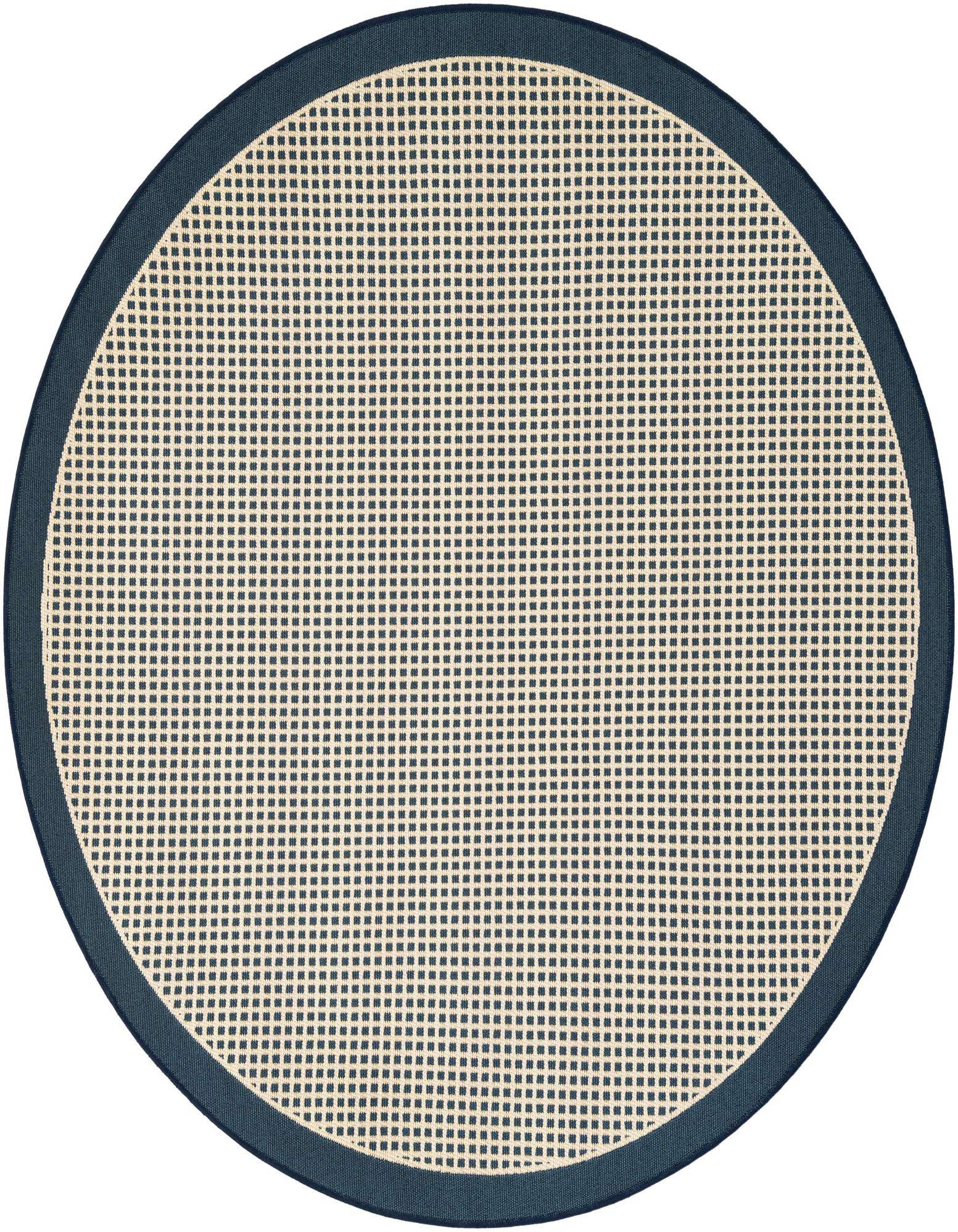 A 5' round navy blue and cream modern flatweave rug with a solid navy border, suitable for indoor or outdoor use.