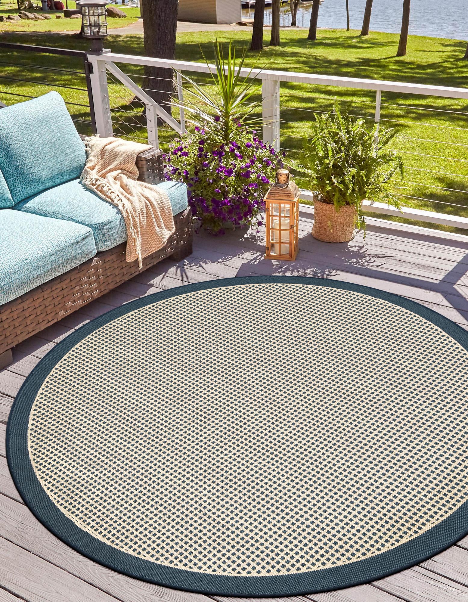 Navy Blue 4' x 4' Border Indoor / Outdoor Round Rug | Rugs.com