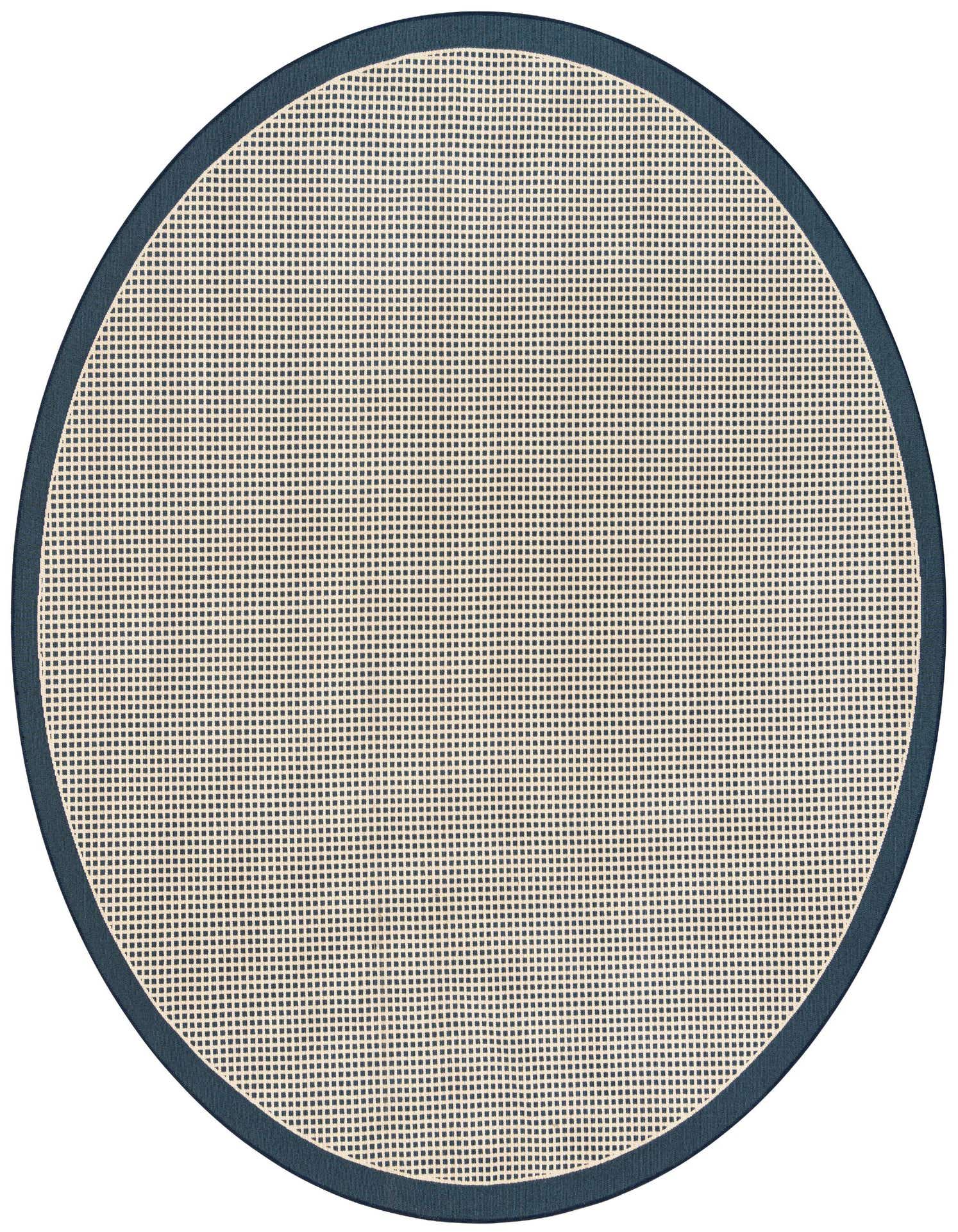 A 7' 10 round navy blue and off-white modern flatweave rug, ideal for indoor or outdoor spaces.