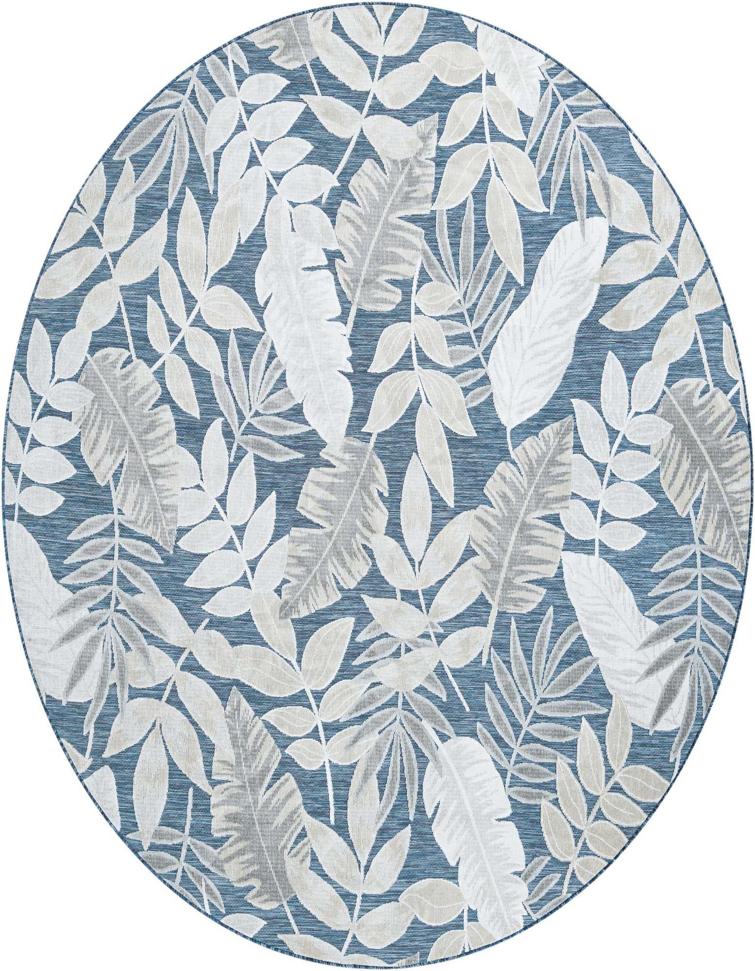 A round 8' 2 x 8' 2 blue indoor/outdoor rug with a modern tropical leaf pattern in light blue, grey, and white.