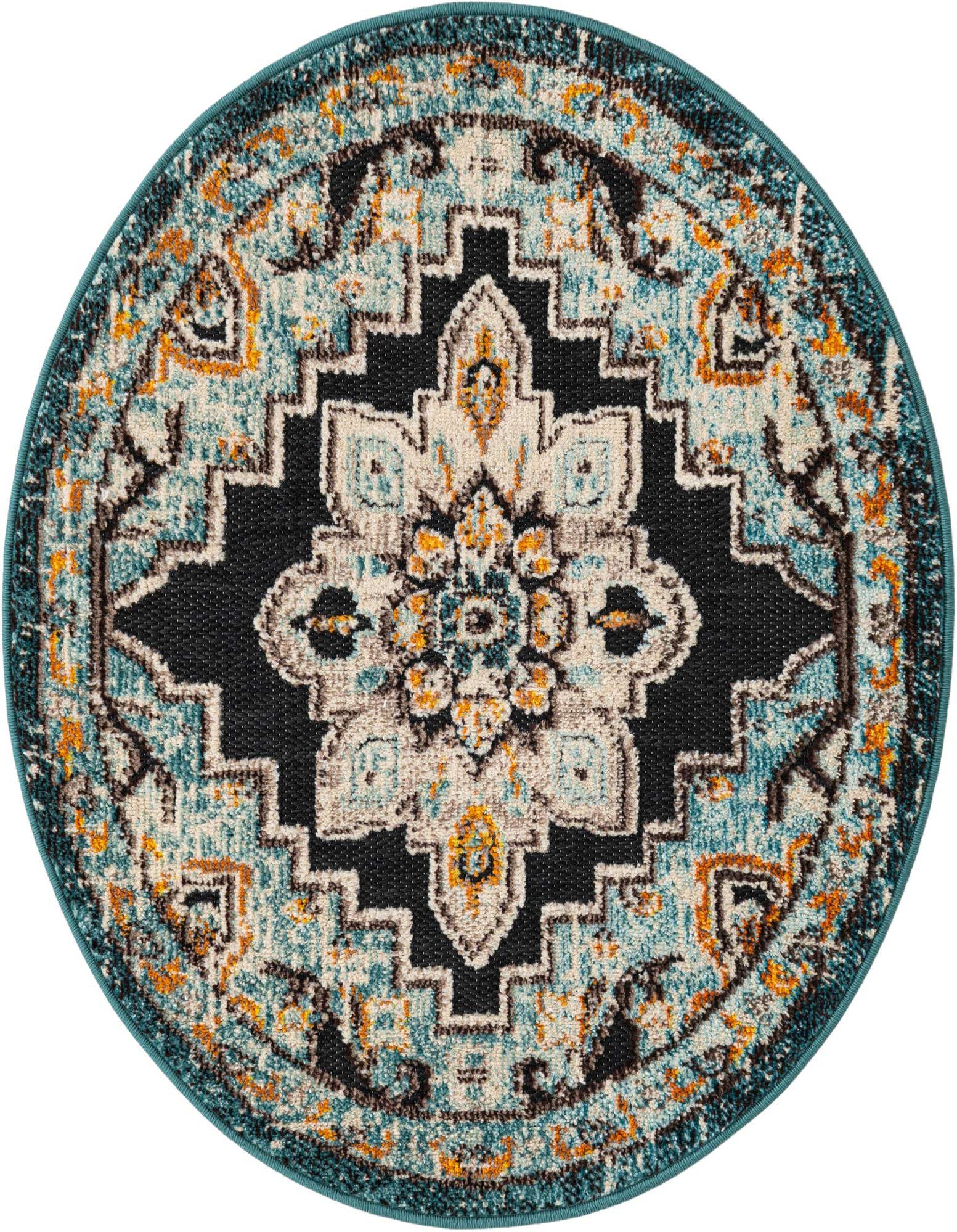 A round 3' 0 x 3' 0 blue modern indoor/outdoor rug with a distressed medallion pattern in blues, black, cream, and orange.