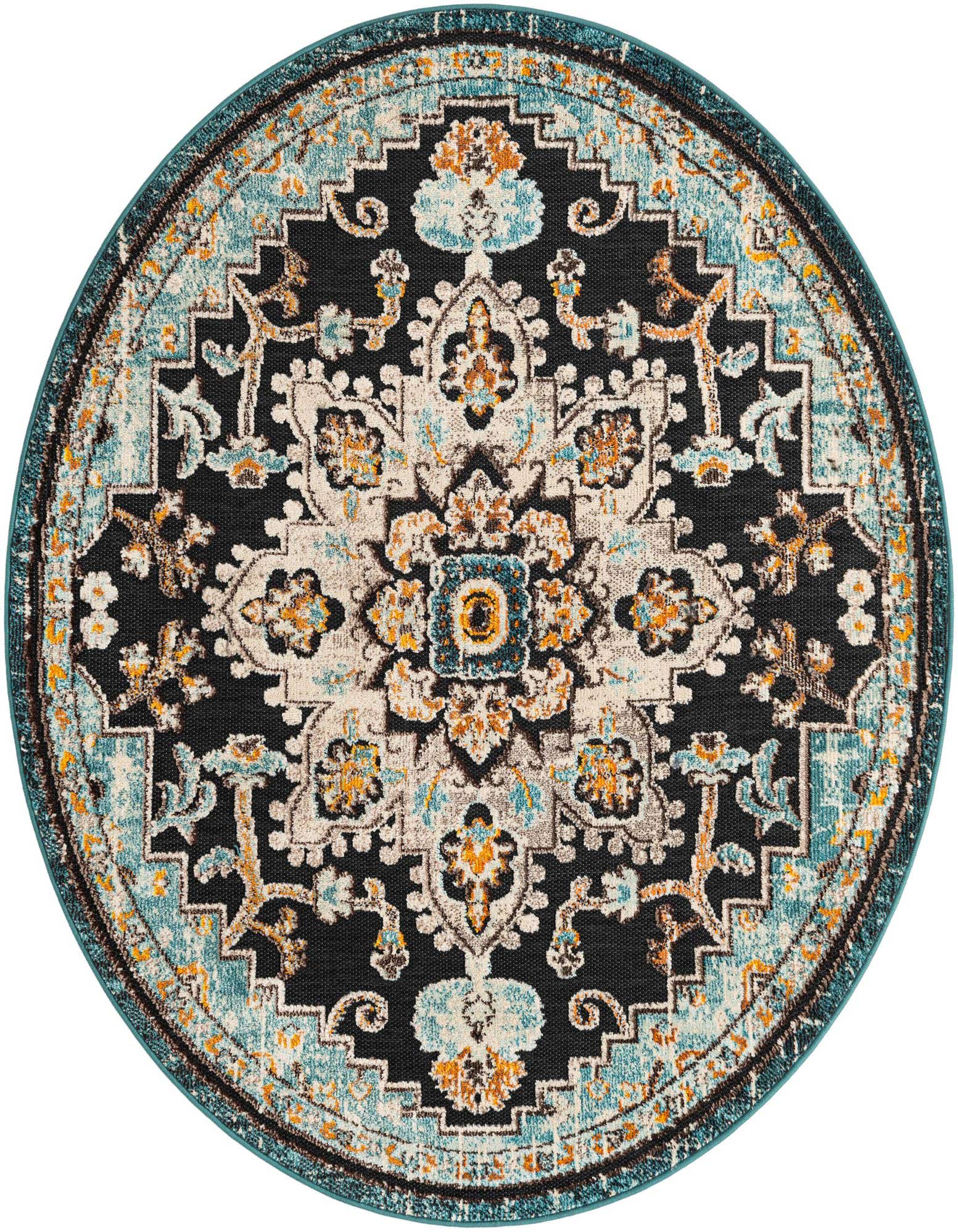 A 6' round indoor/outdoor rug with a modern pattern in shades of blue, black, cream, and orange, featuring a central medallion and ornate border.