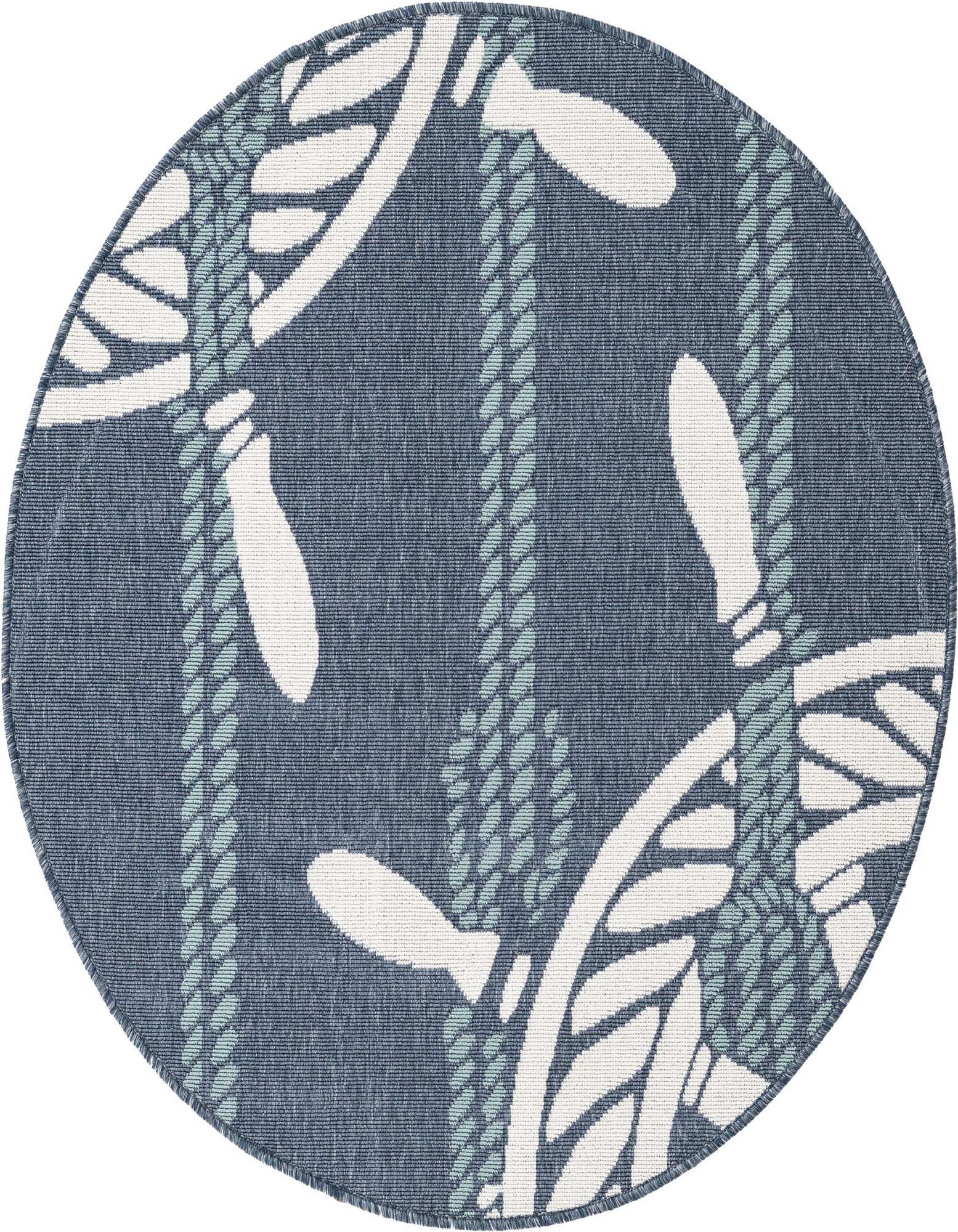 A 4' round navy blue indoor/outdoor rug with a modern coastal pattern featuring white anchors and light blue rope designs.