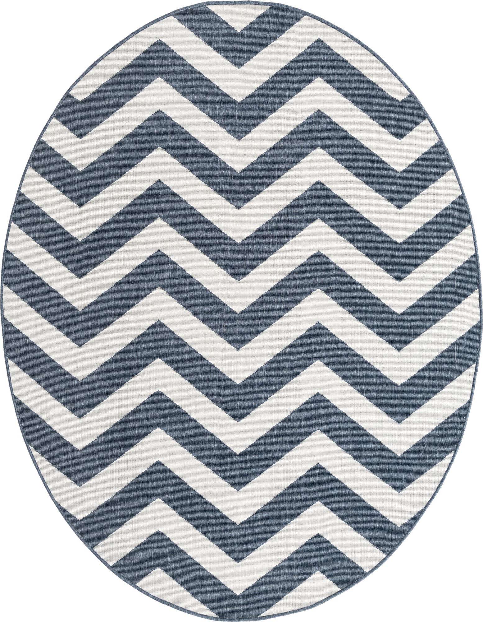 A 7' round navy blue and white chevron pattern rug, suitable for indoor or outdoor use.