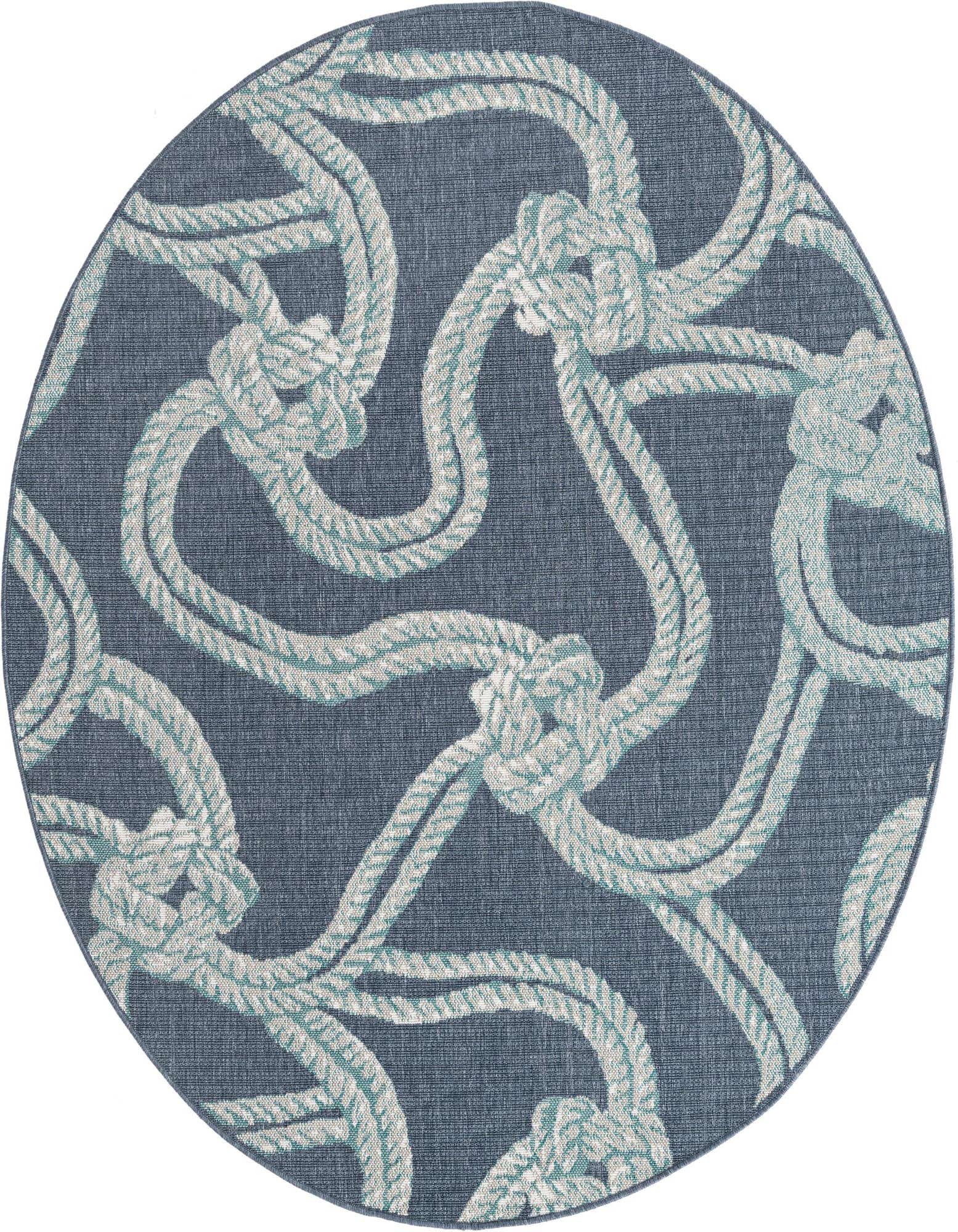 A round 7' navy blue indoor/outdoor rug with a white and light blue nautical rope pattern, ideal for a patio.