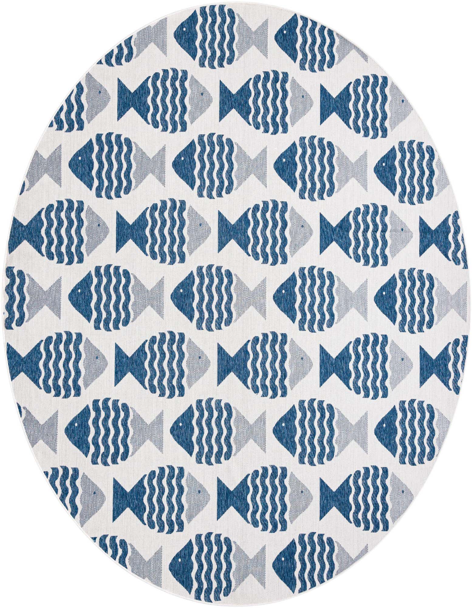 A 12' round indoor/outdoor rug featuring a repeating pattern of alternating navy blue and light blue fish on a white background, perfect for a patio.