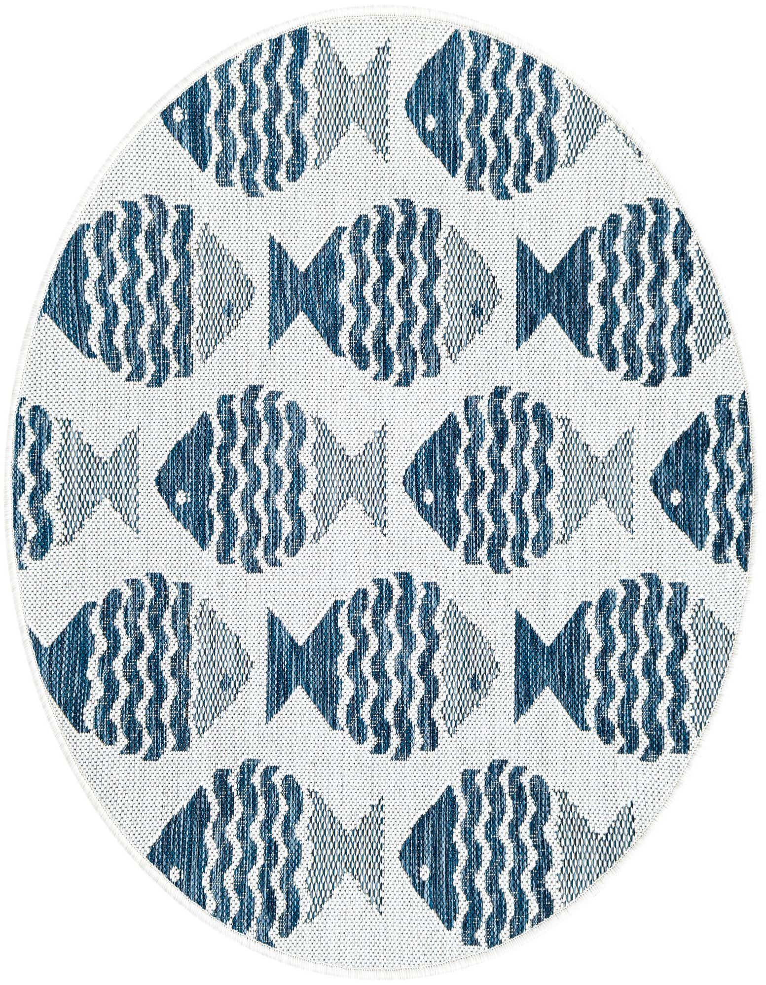 A round, flatweave Rugs.com Outdoor Coastal rug featuring a repeating pattern of stylized navy blue fish on a white background.