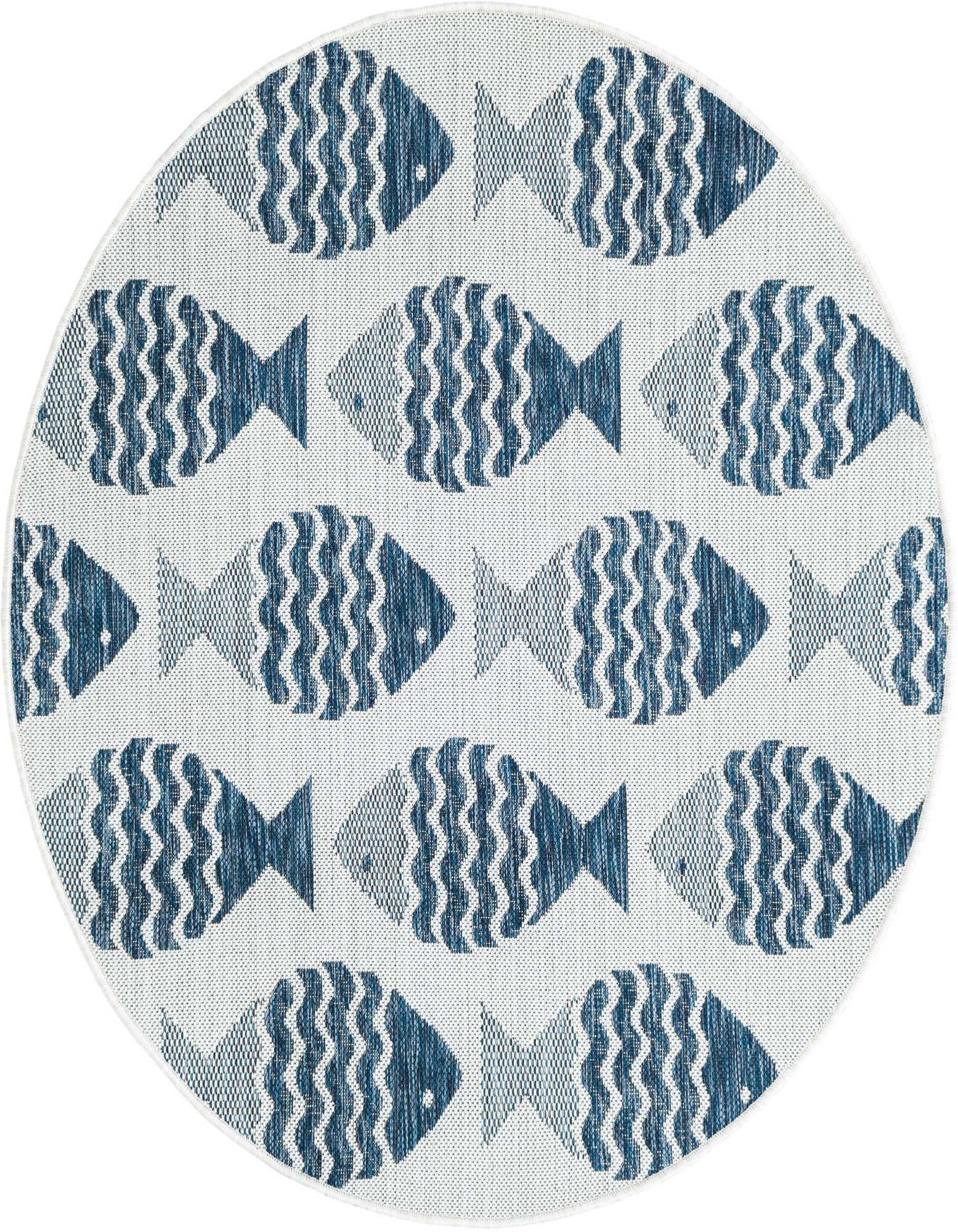 A round 4' 0 x 4' 0 indoor/outdoor rug with a repeating pattern of stylized navy blue fish on a light blue background.