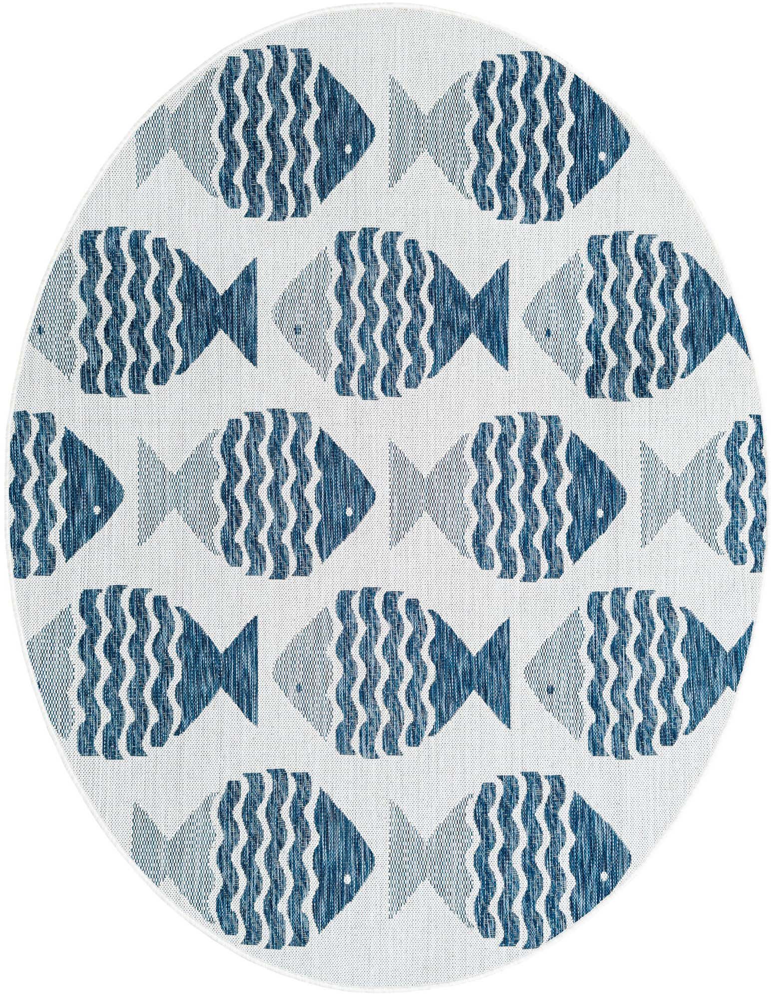 A round 6' x 6' indoor/outdoor rug featuring a repeating pattern of stylized navy blue fish on a light background, perfect for a patio.