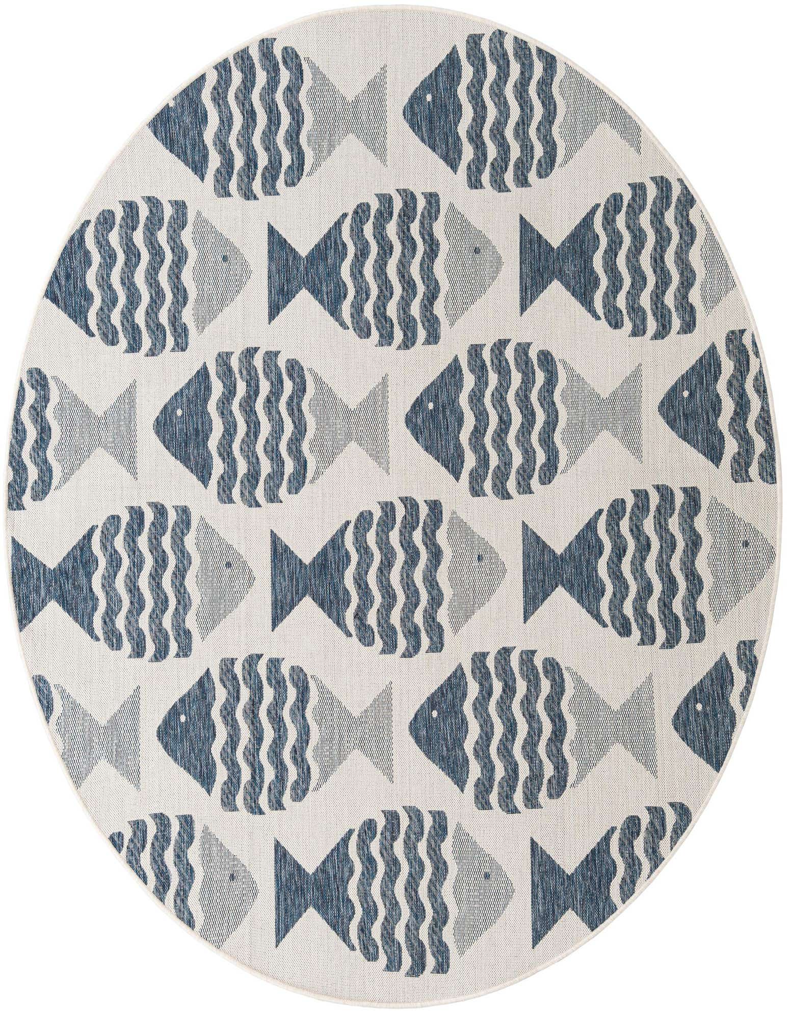 A round, flatweave indoor/outdoor rug with a playful pattern of navy blue and light blue fish on an off-white background.