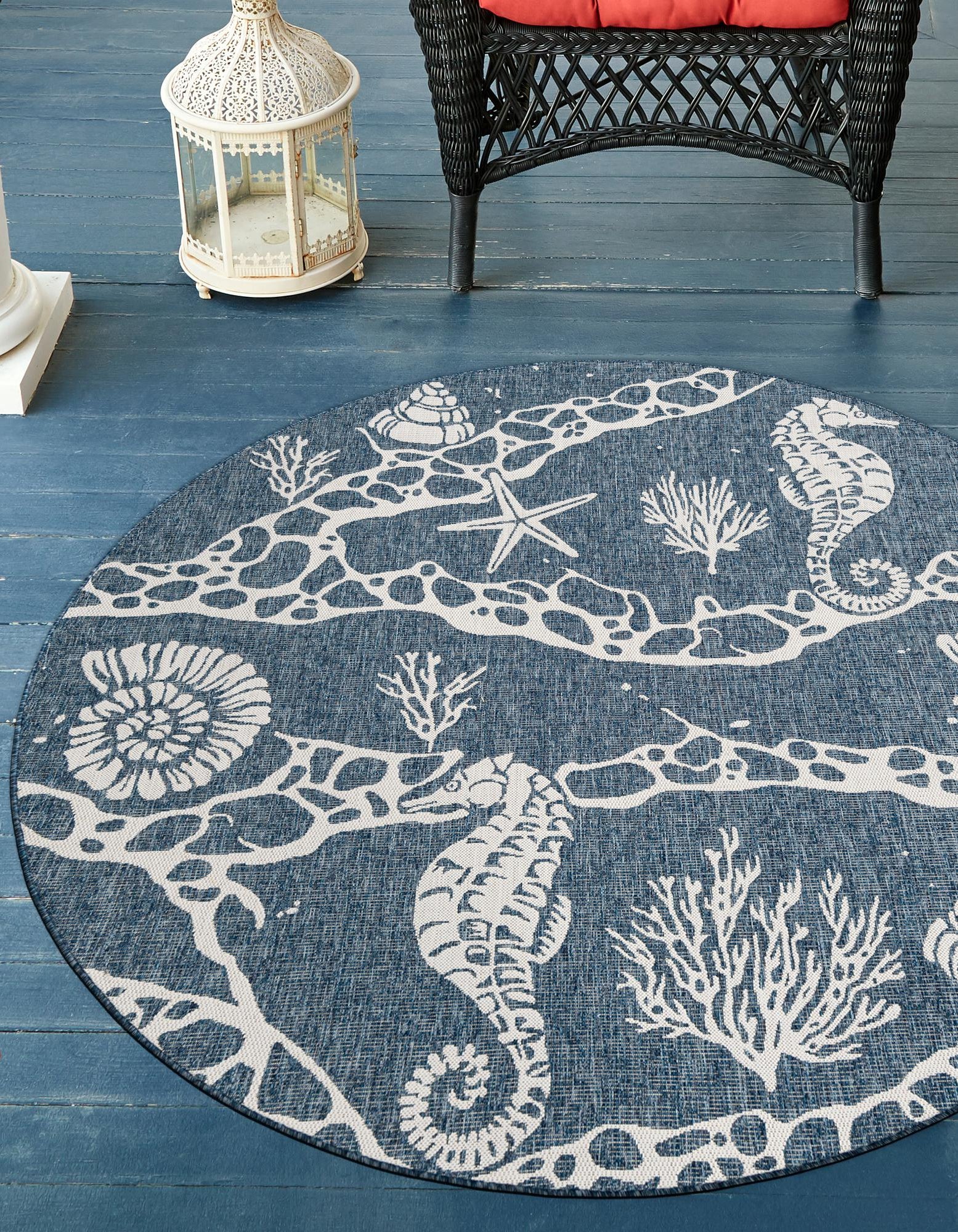 Navy Blue 6' x 6' Coastal Indoor / Outdoor Round Rug | Rugs.com