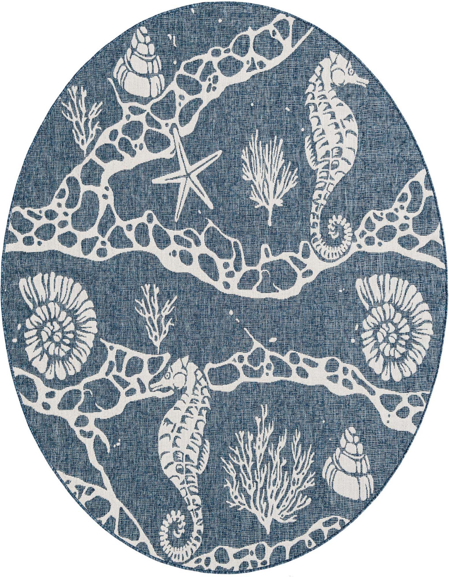 A round navy blue and white coastal rug featuring seahorses, starfish, shells, and coral patterns, suitable for indoor or outdoor use.