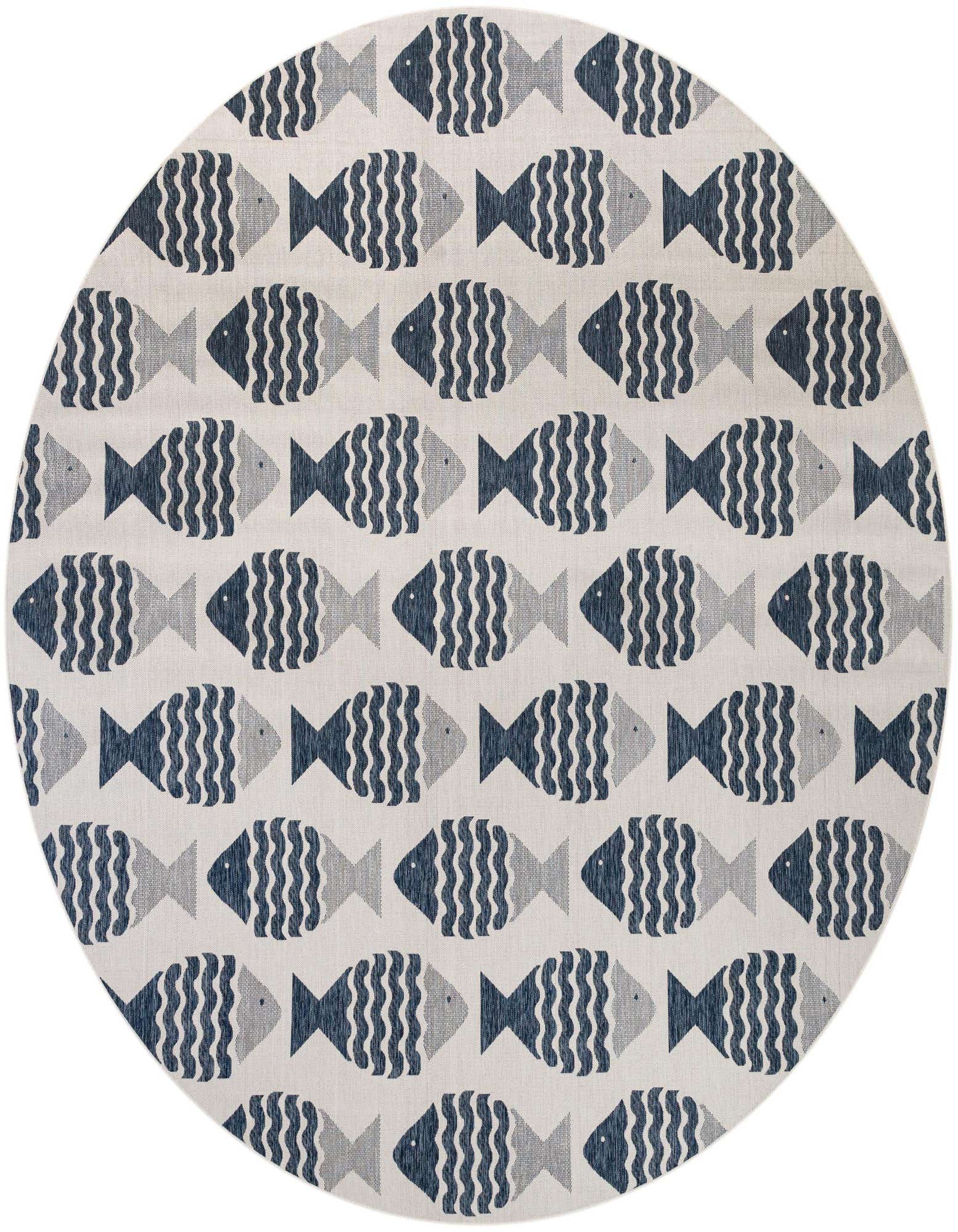 A round, flatweave rug featuring a repeating pattern of stylized navy blue and light blue fish on a cream background, ideal for a patio.