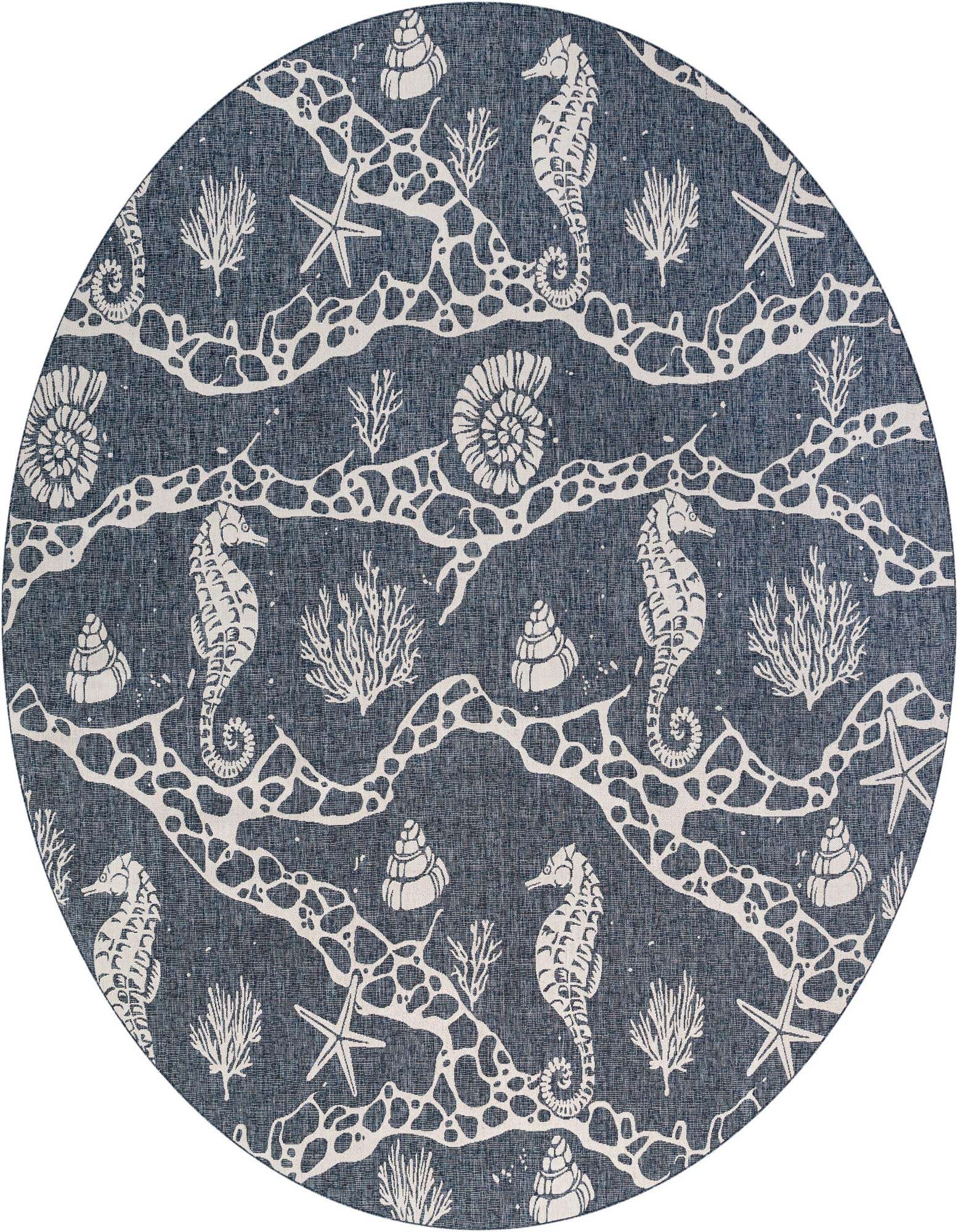 A 13' round navy blue rug with a white modern abstract pattern featuring seahorses, starfish, shells, and coral, perfect for a patio.