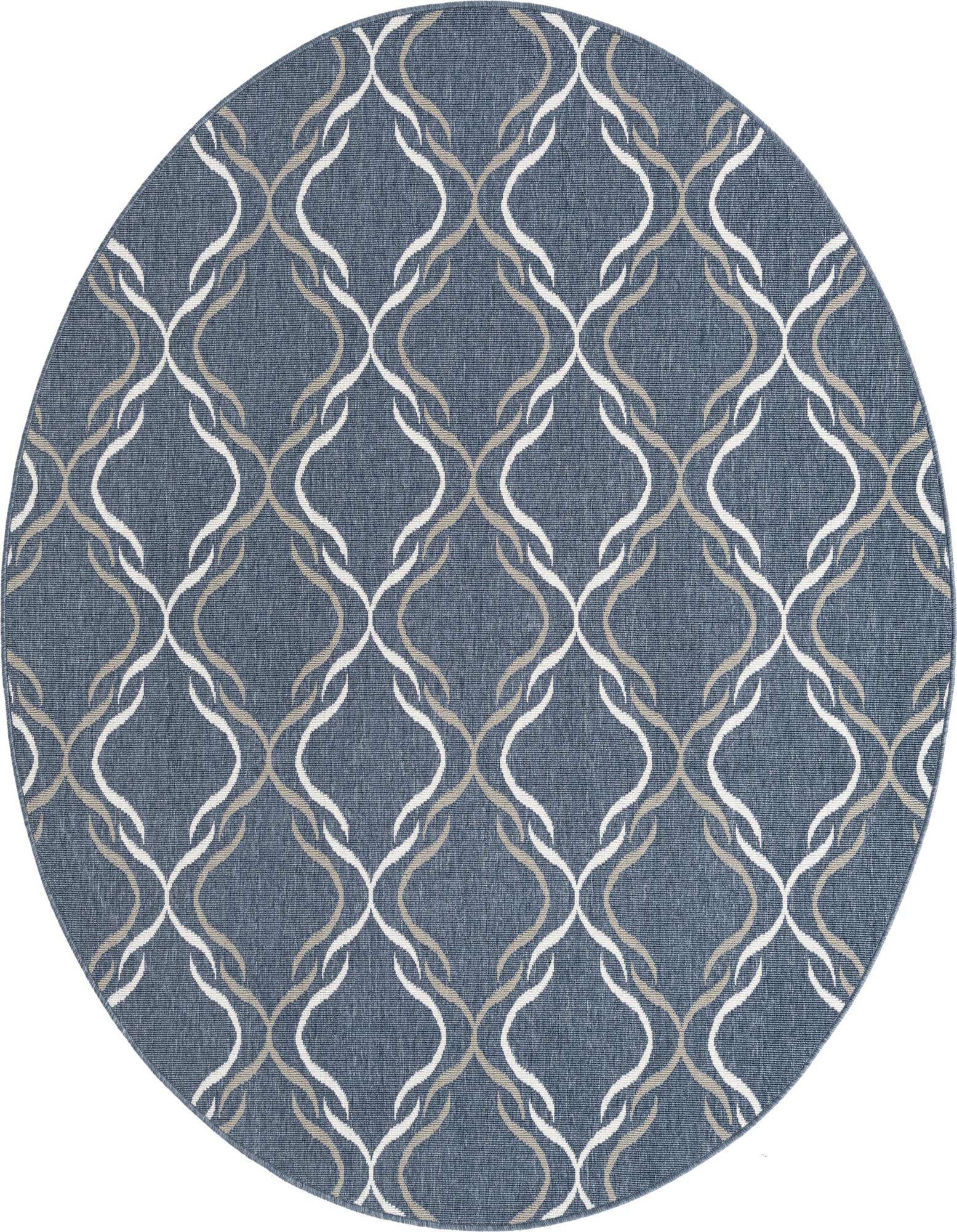 A 7' round navy blue indoor/outdoor rug with a modern white and beige lattice pattern, suitable for a patio.