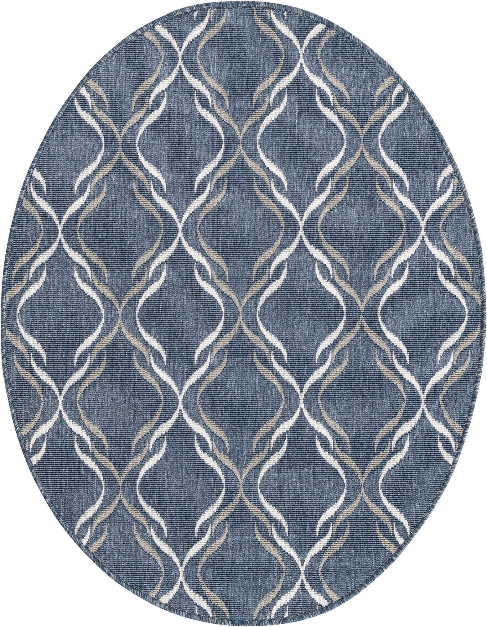A 4' round navy blue indoor/outdoor rug with a white and tan transitional lattice pattern.